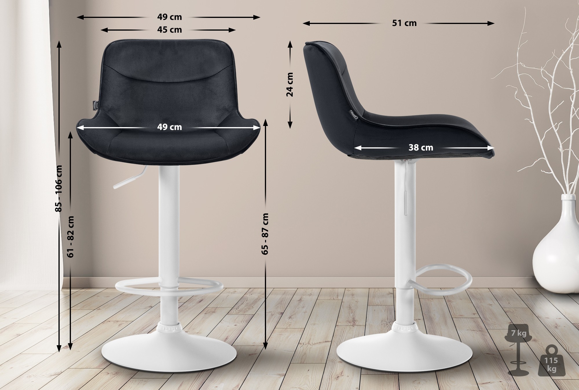 2er Set Barhocker Vonore Samt weiß, schwarz
