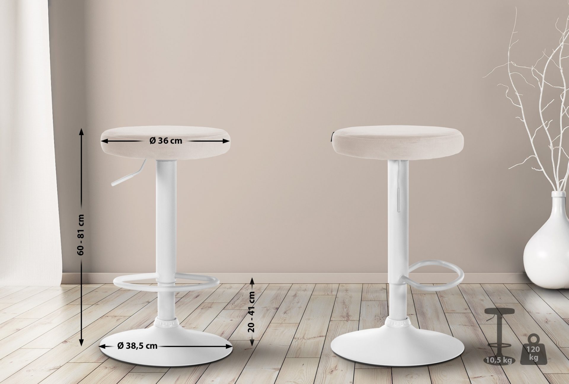 2er Set Barhocker Ponte Samt weiß, creme