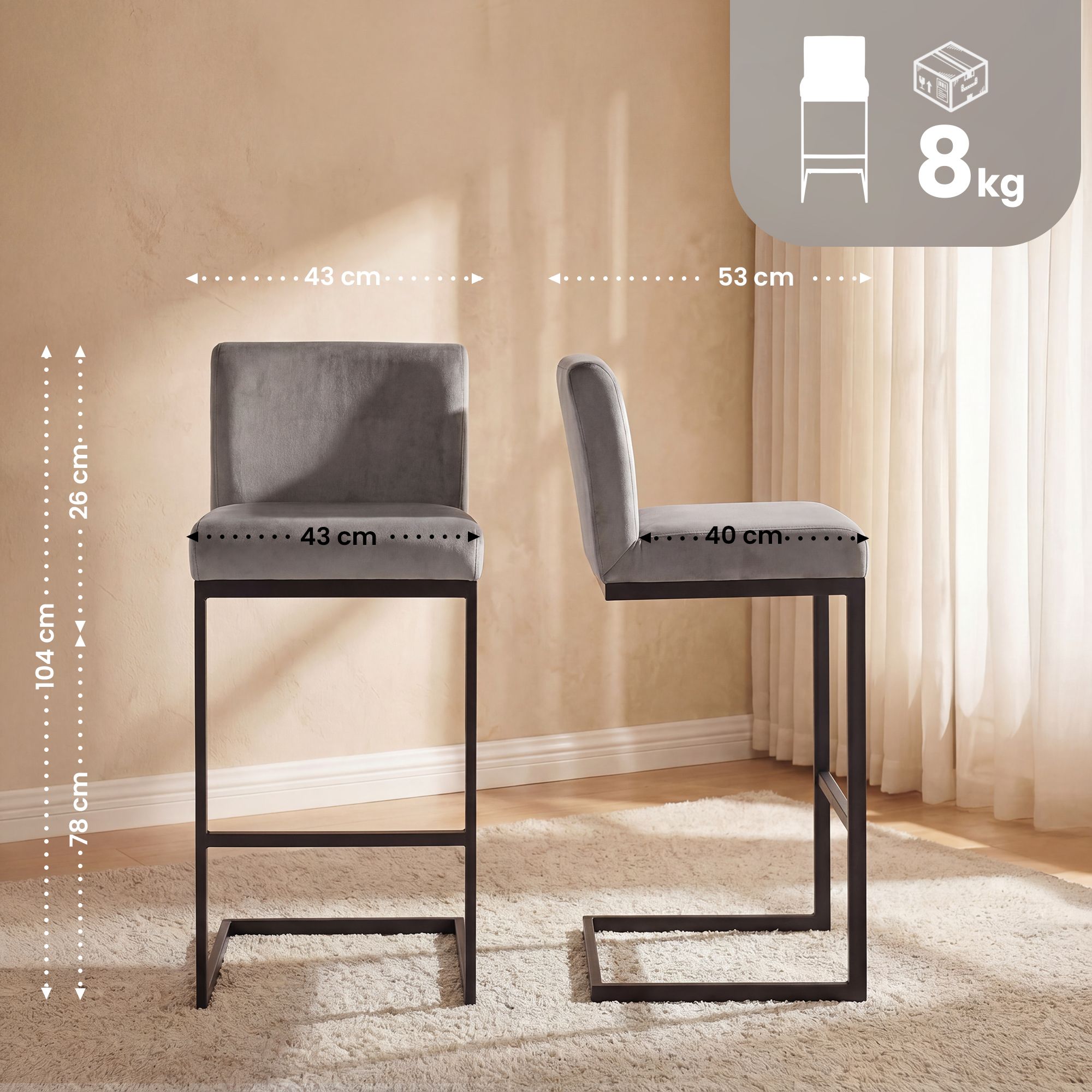 2er Set Barhocker Hopewell Samt B, grau
