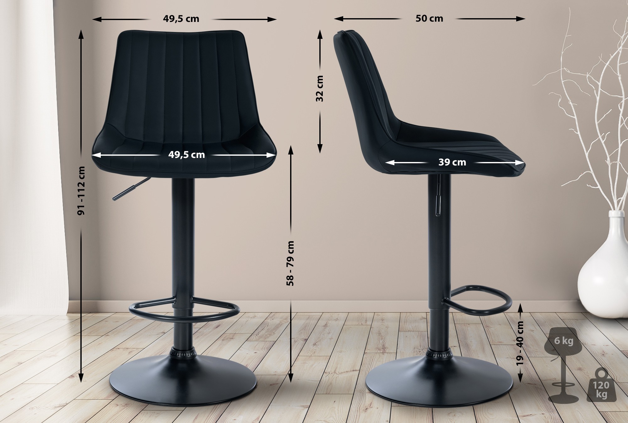 Barhocker Toni Kunstleder schwarz, schwarz