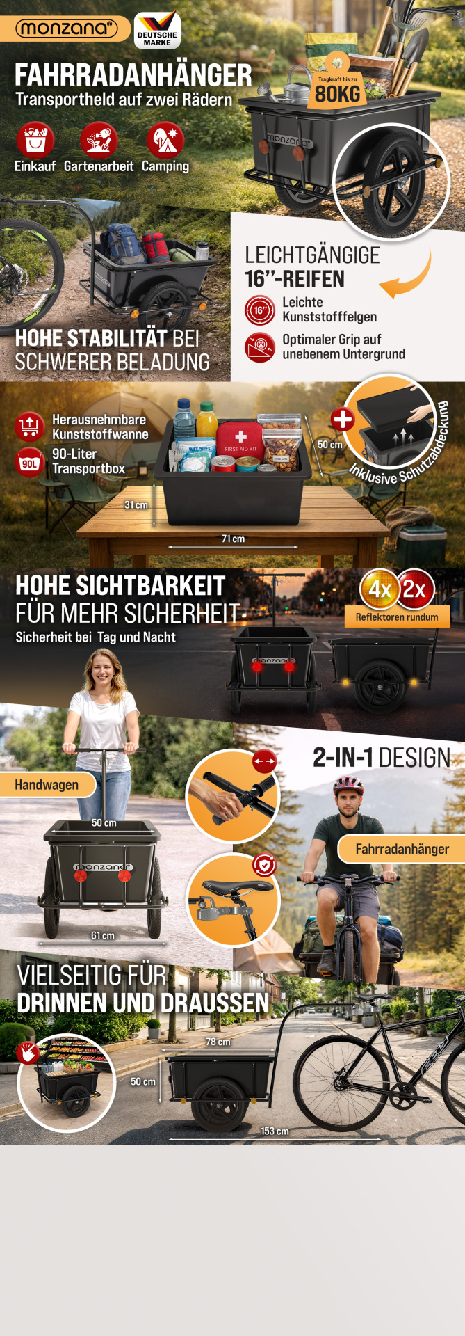Fahrradanhänger Schwarz 90L inkl Kupplung