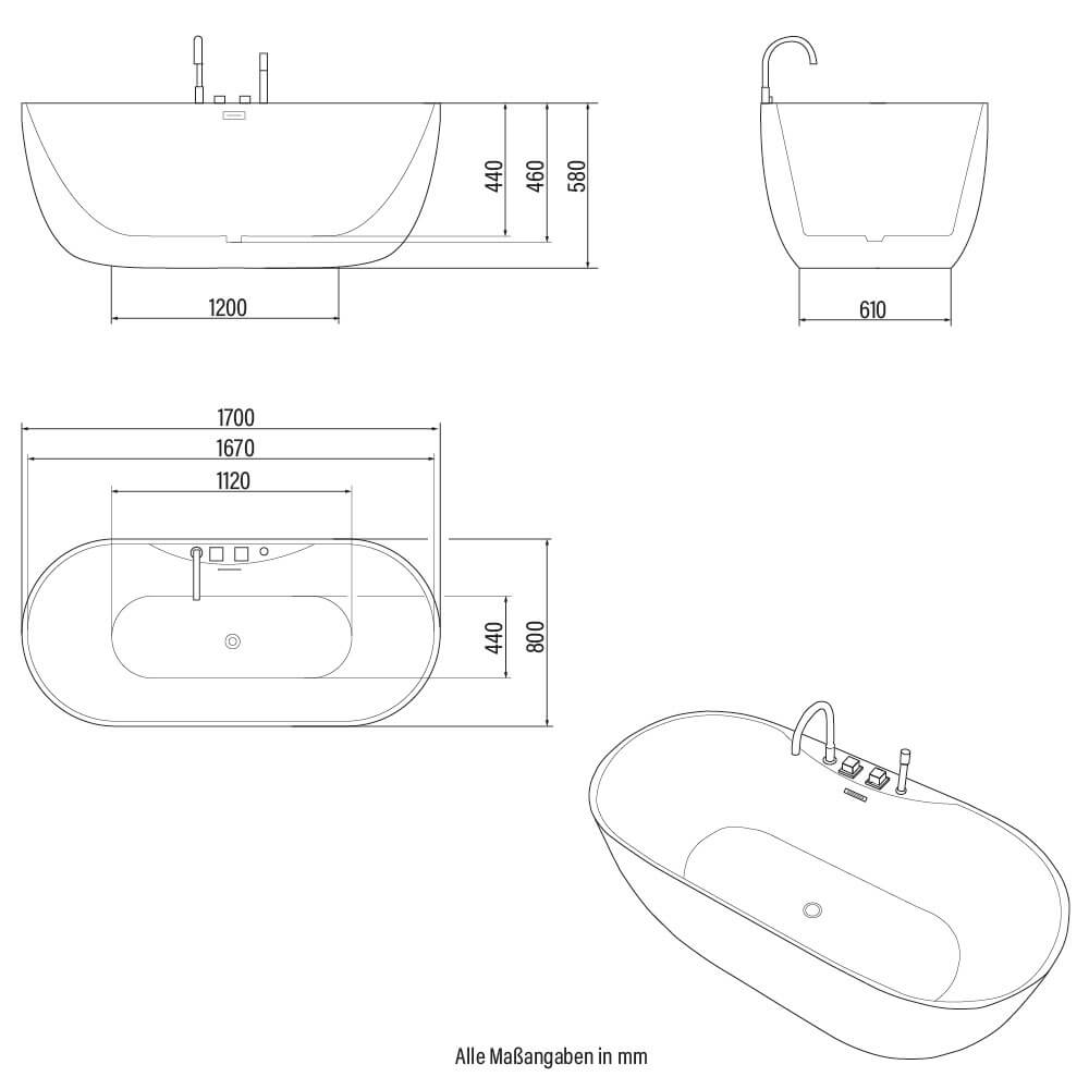 Badewanne mit Armatur LENI - 170 x 80 cm