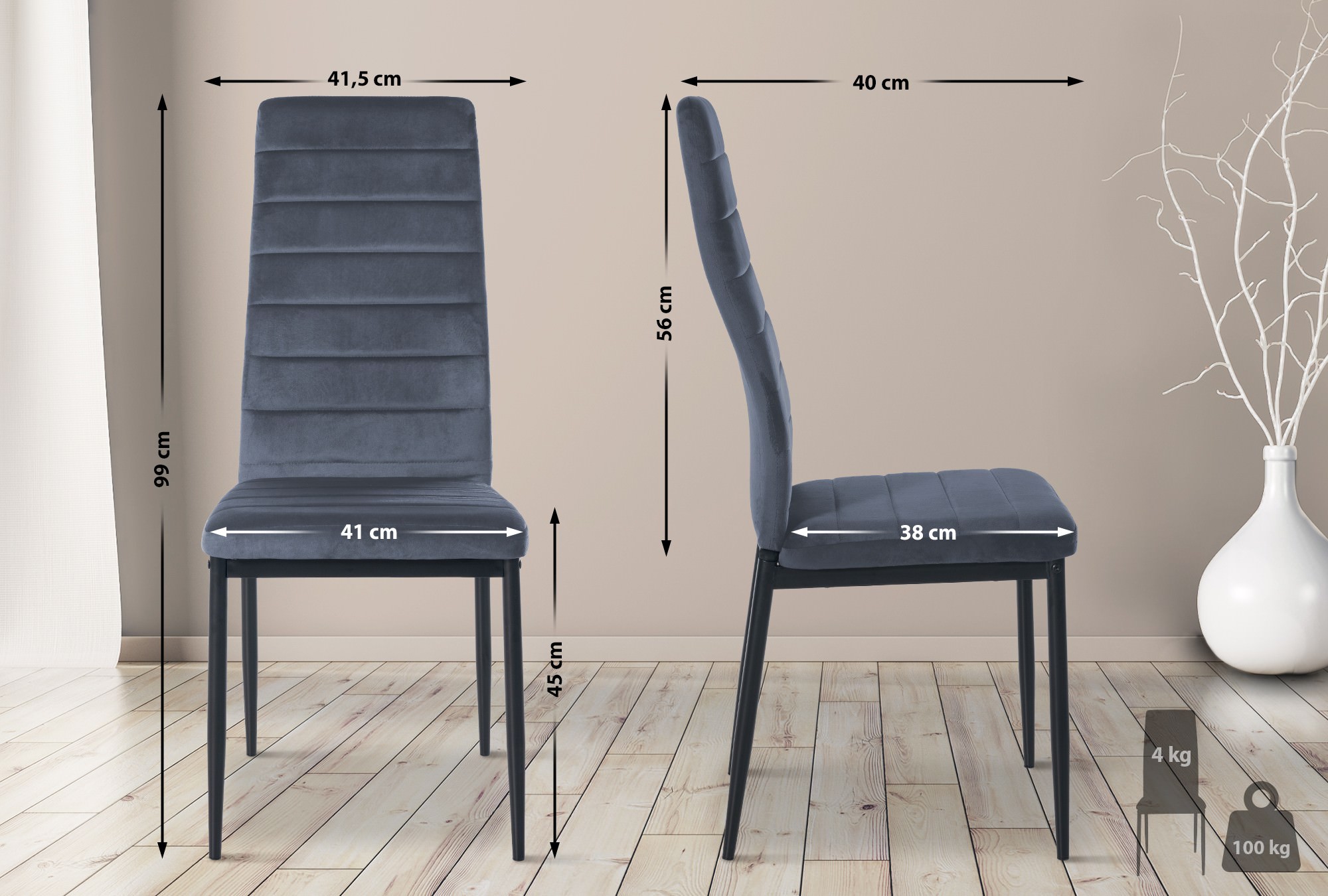 4er Set Esszimmerstühle Mayfair Samt, hellgrau