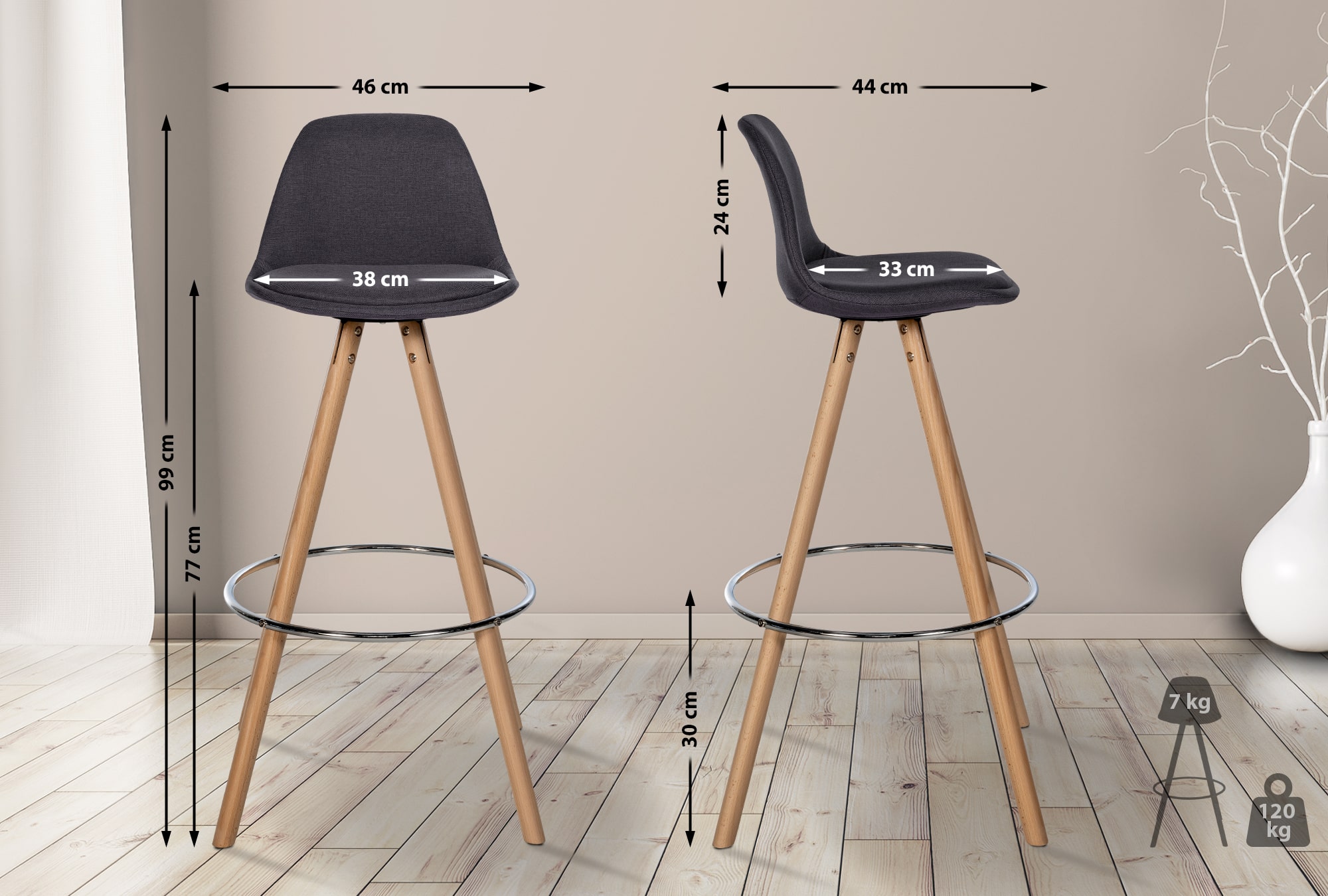Barhocker Corbin Stoff Rund natura, dunkelgrau