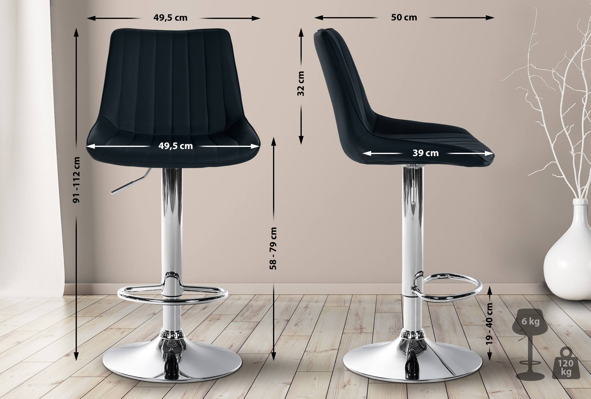 2er Set Barhocker Toni Kunstleder chrom, schwarz