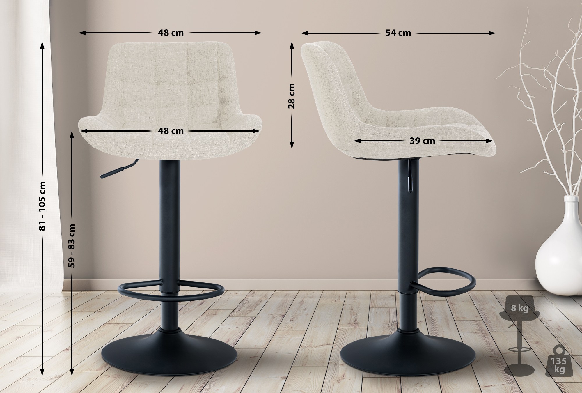 2er Set Barhocker Tover Stoff, creme