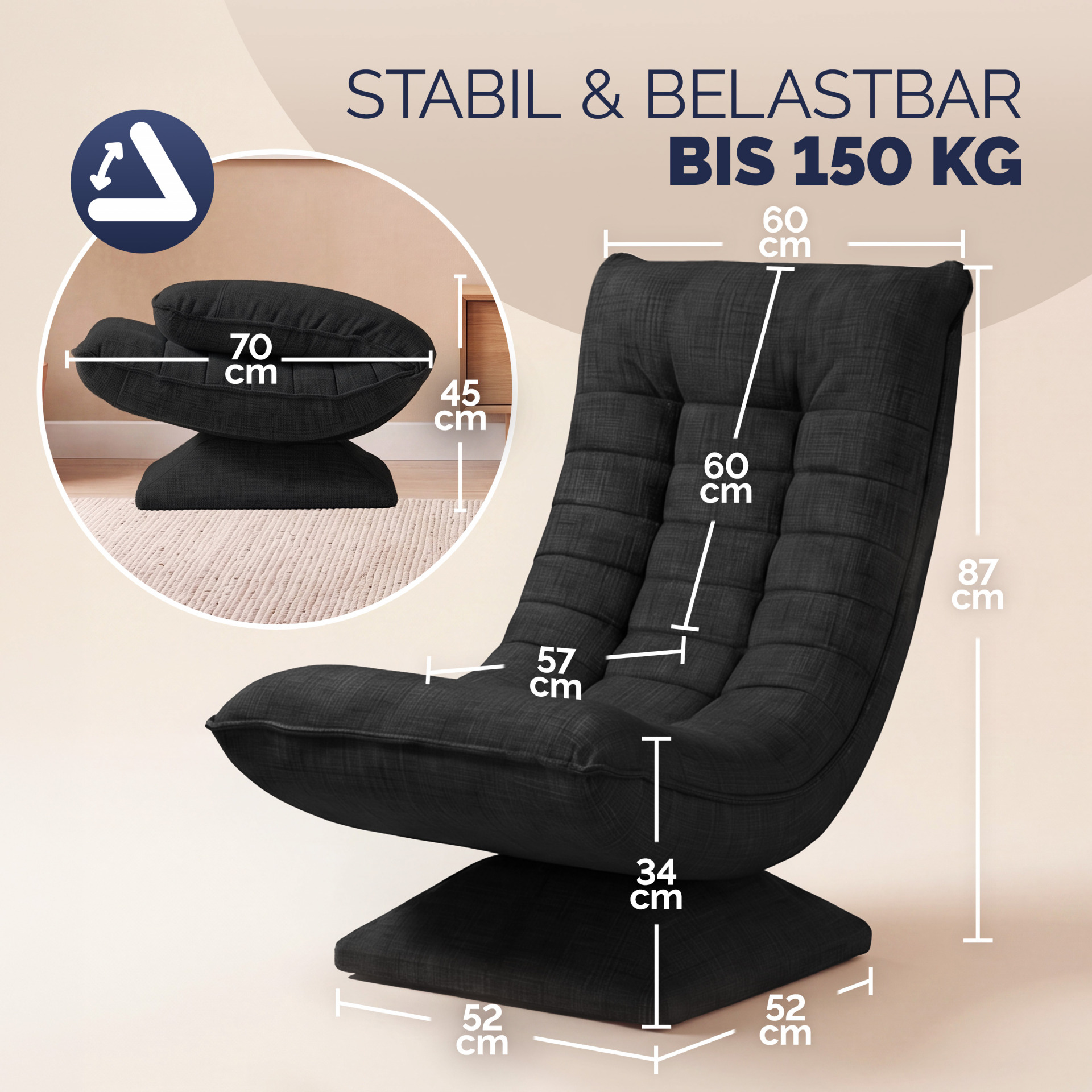 Sessel Aberdeen Schwarz Stoff 5fach verstellbar 360 Grad drehbar klappbar