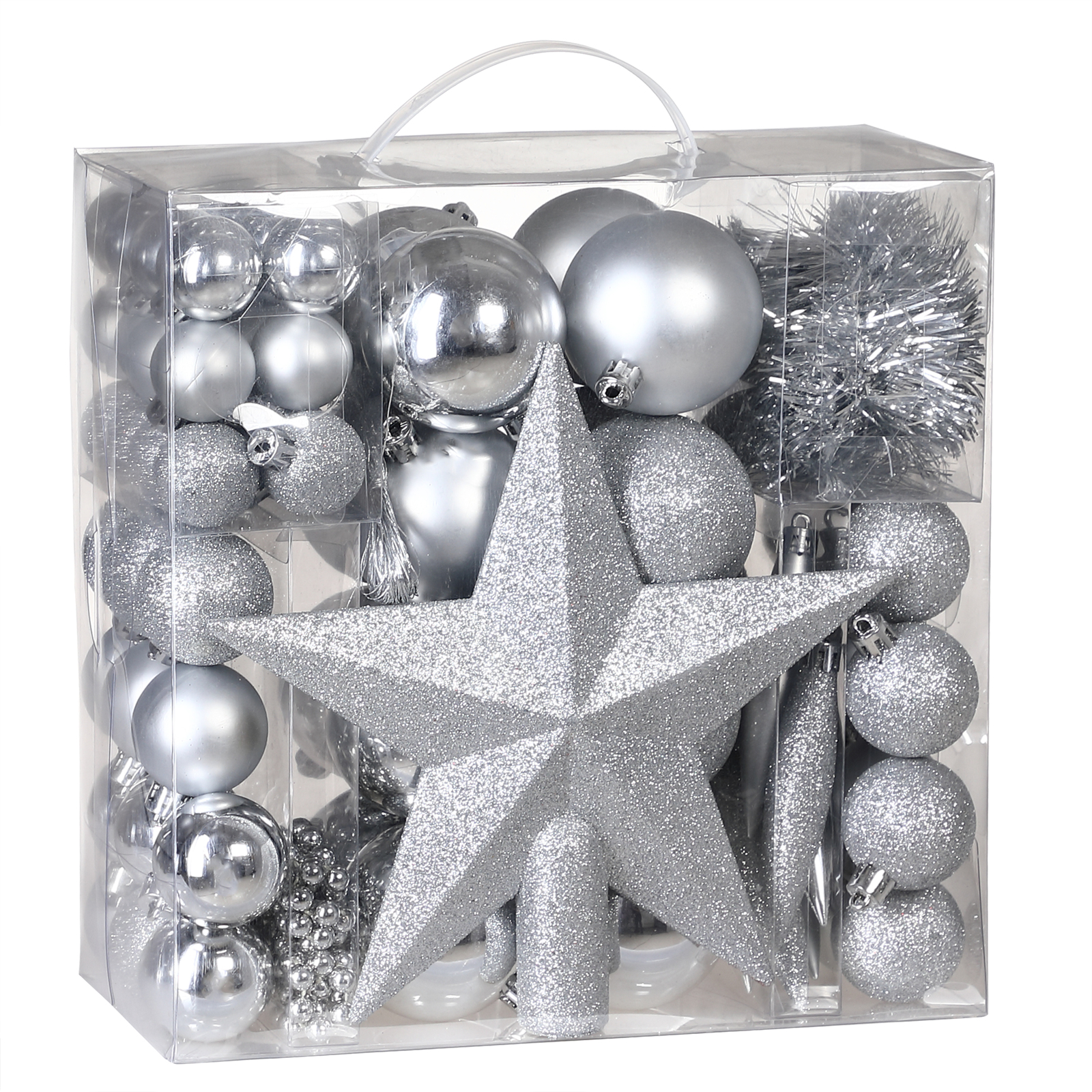 Weihnachtskugeln Silber 77 tlg in matt glänzend + glitzernd
