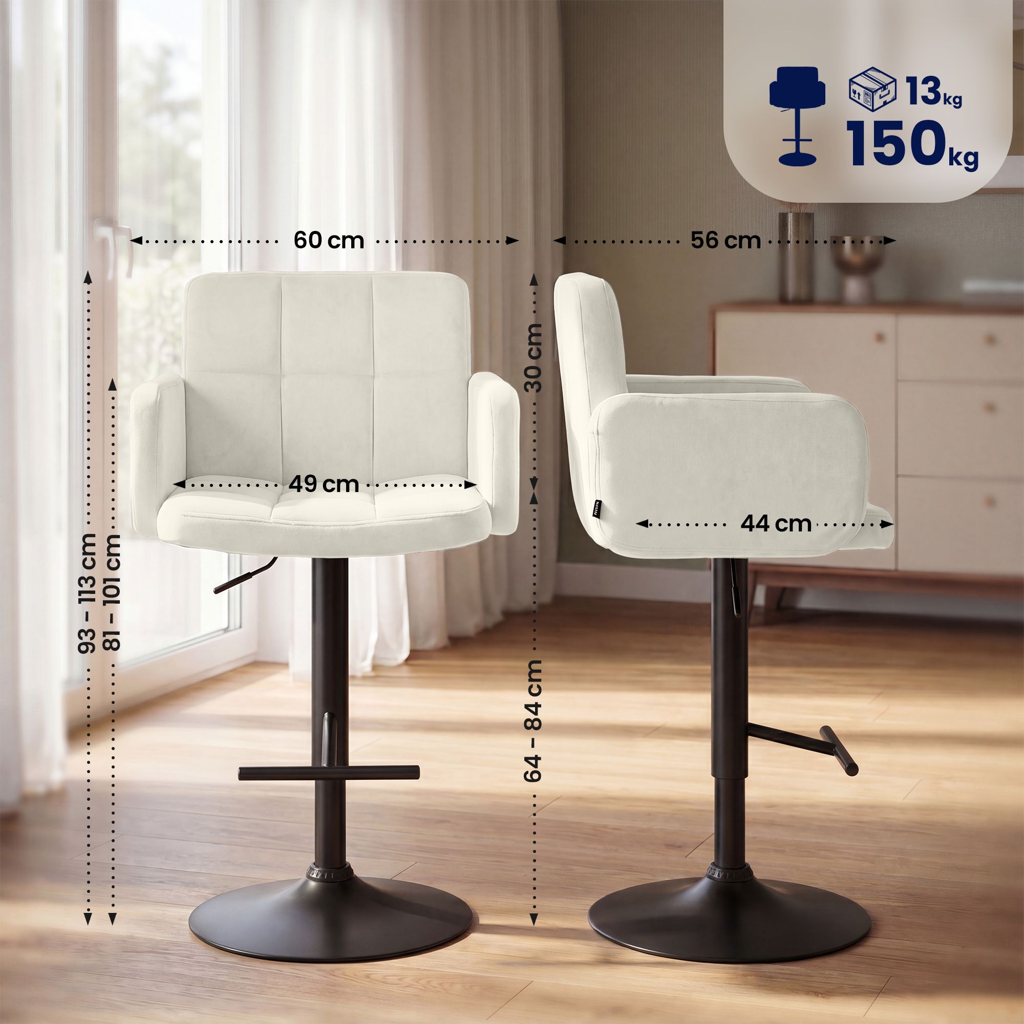 2er Set Barhocker Los Angeles Samt schwarz, creme