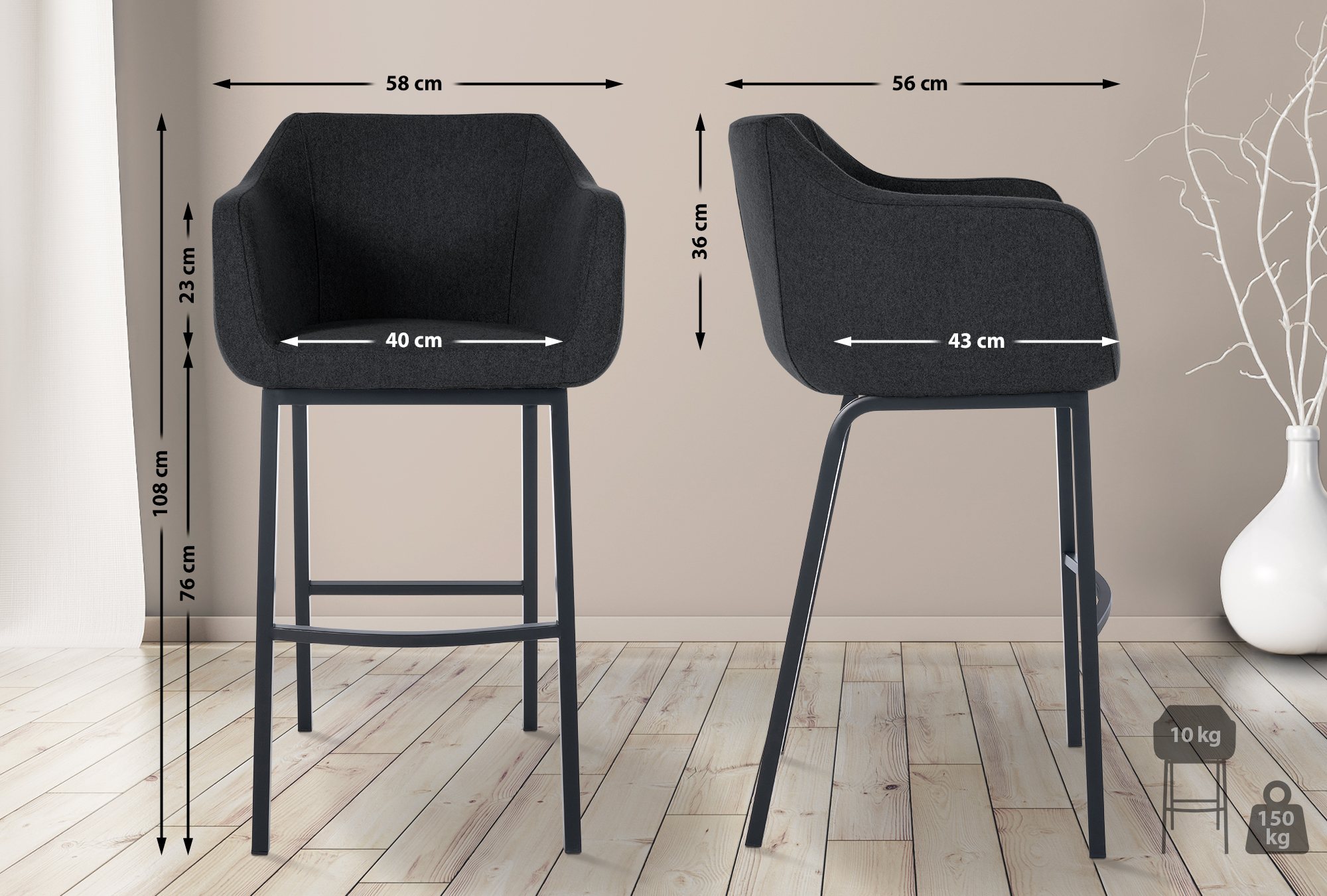 Barhocker Monea B Filz, anthrazit