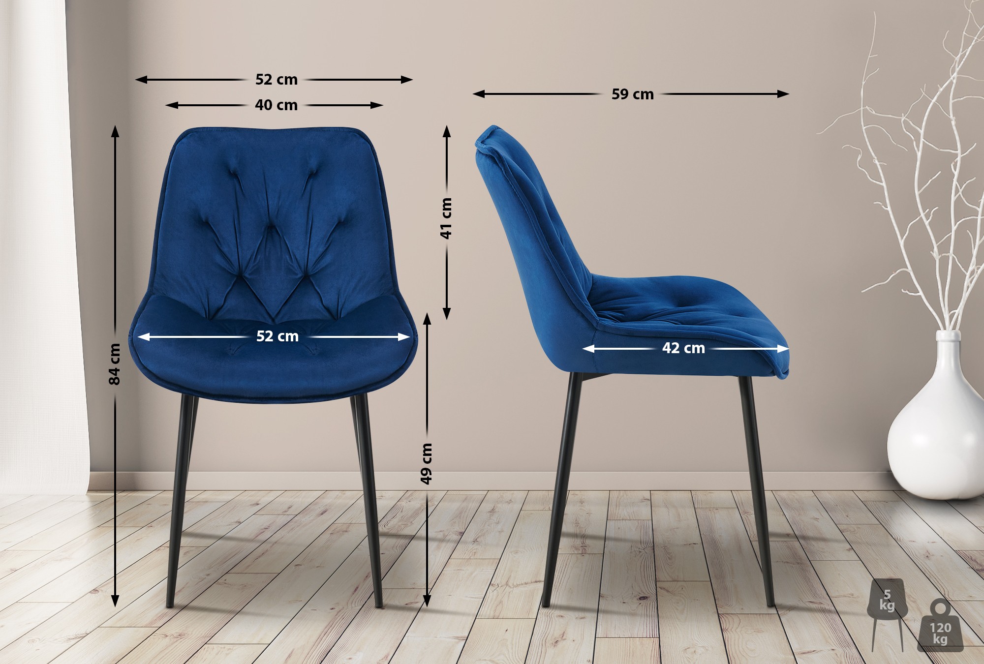 2er Set Esszimmerstuhl Wallace Samt, blau