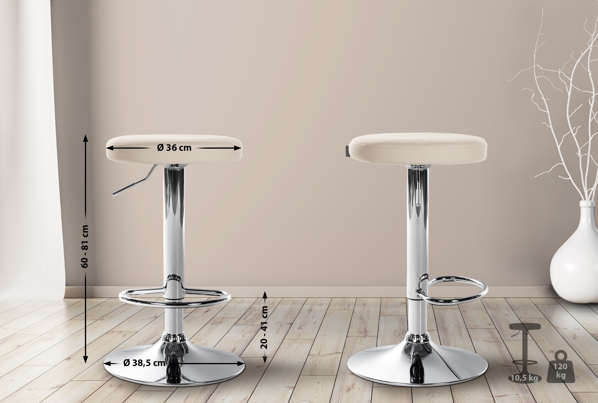 2er Set Barhocker Ponte Kunstleder chrom, creme