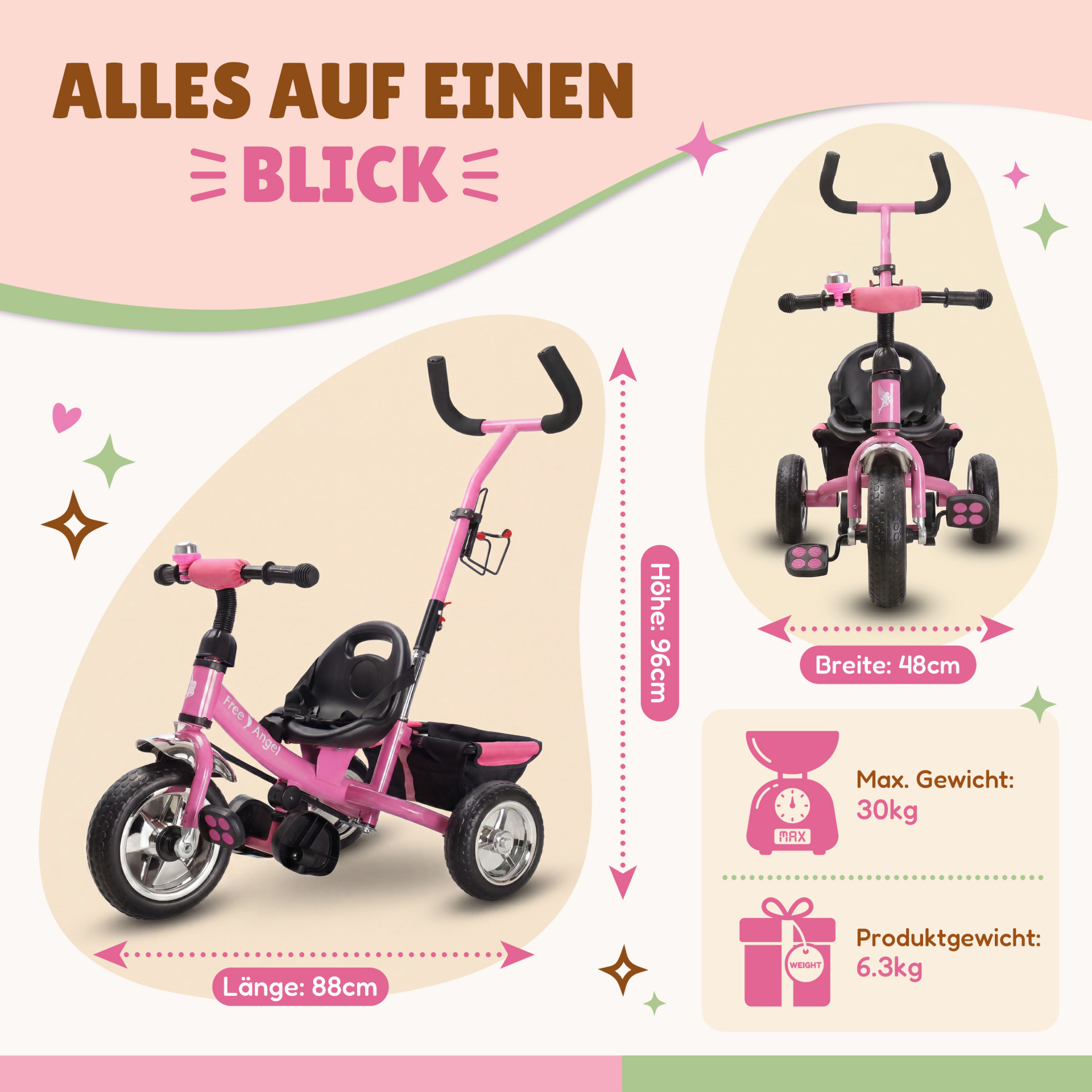 Kinderdreirad Free Angel Pink Metall Schiebestange