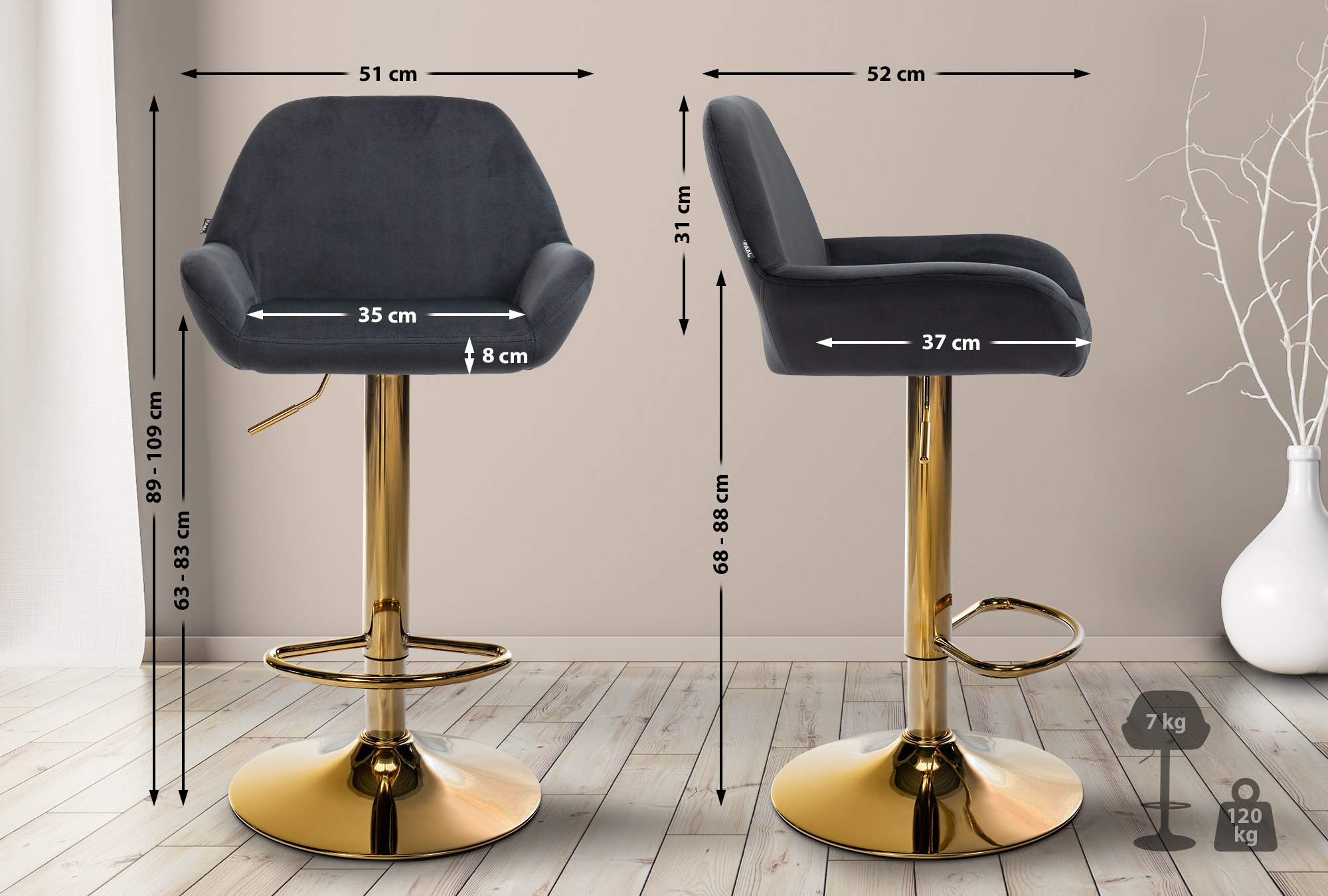 2er Set Barhocker Braga Gold Samt, schwarz