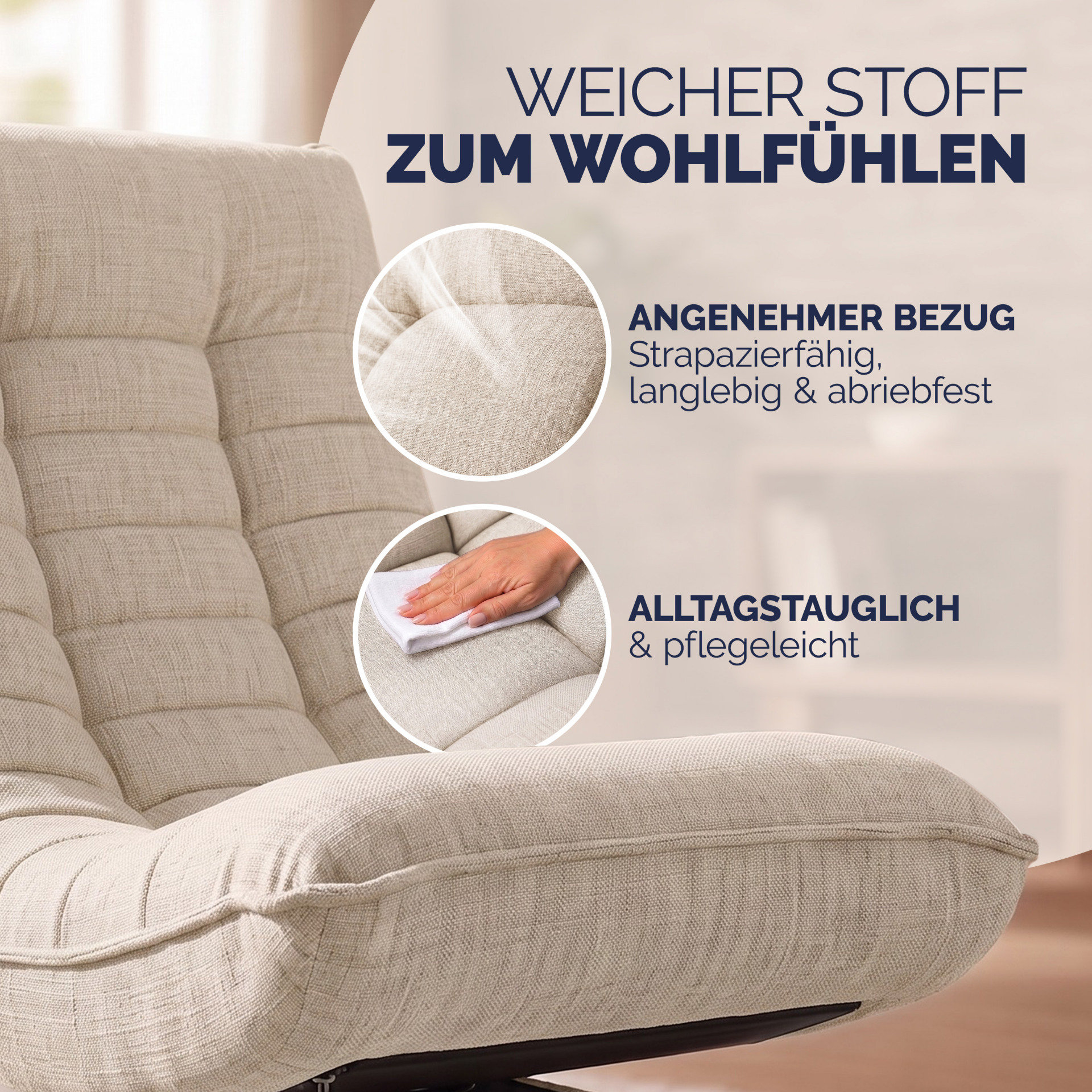 Sessel Aberdeen Creme Stoff 5fach verstellbar 360 Grad drehbar klappbar
