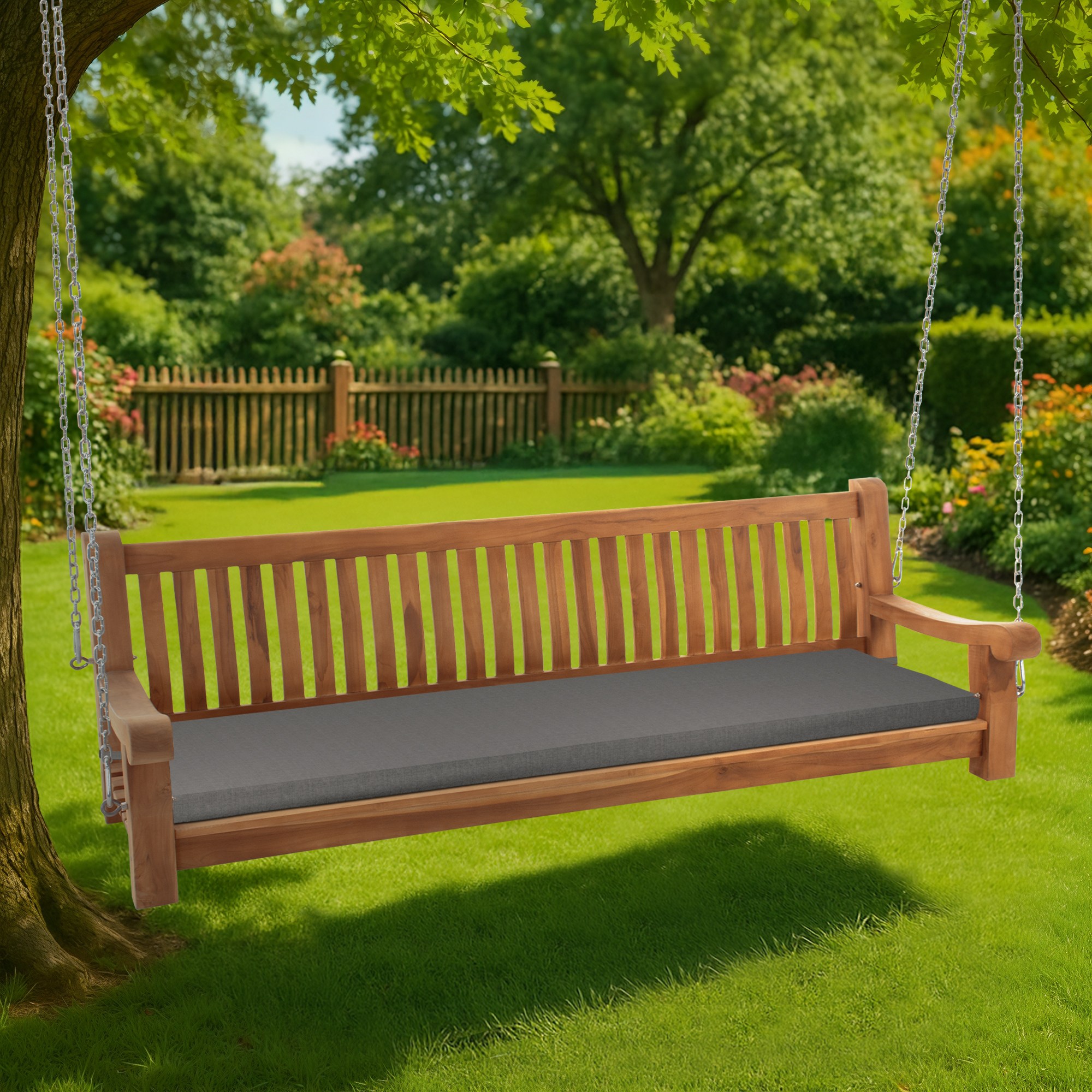 Schaukelbank Joyce mit Sitzkissen 200 cm + teak, dunkelgrau