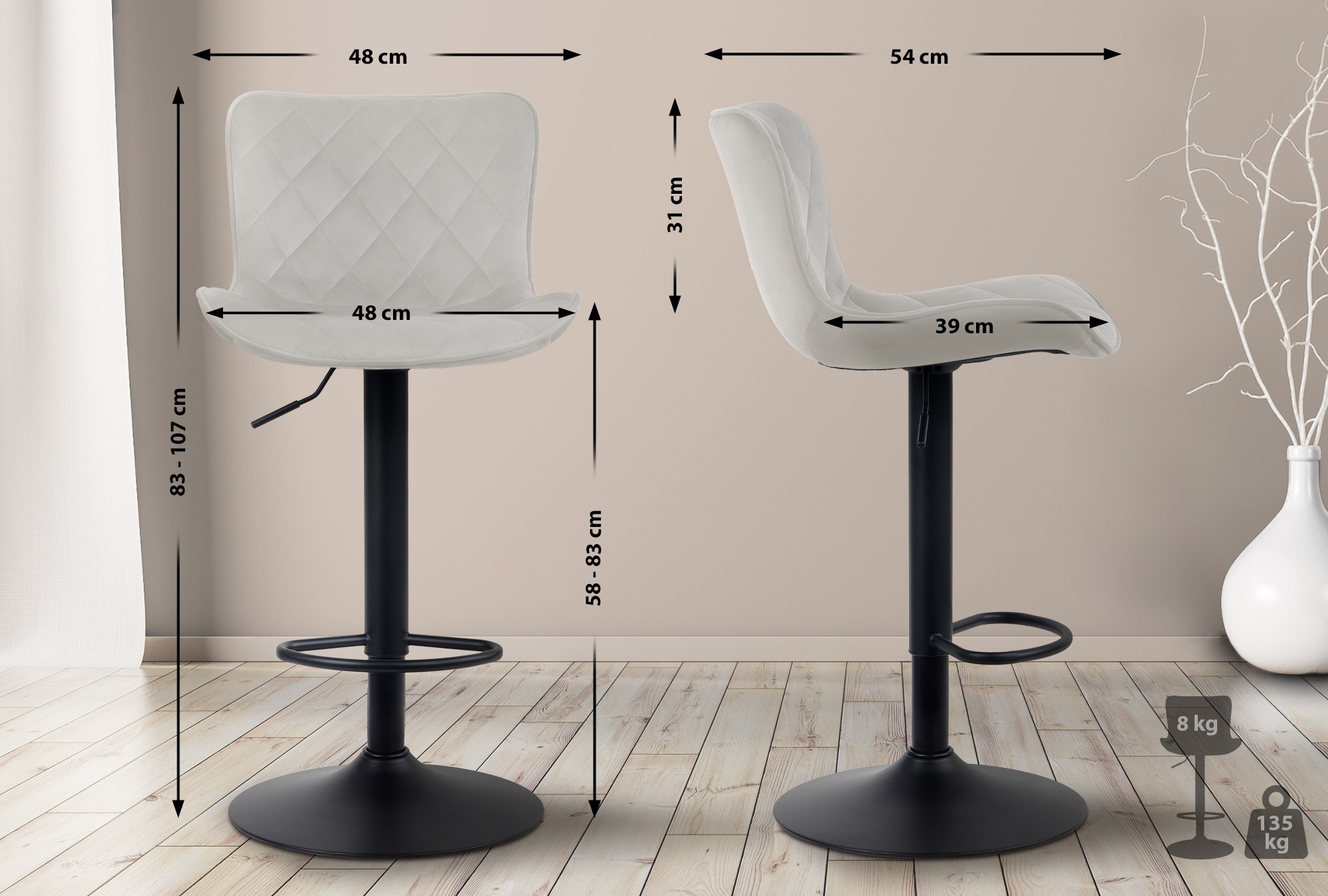2er Set Barhocker Emma Samt, creme