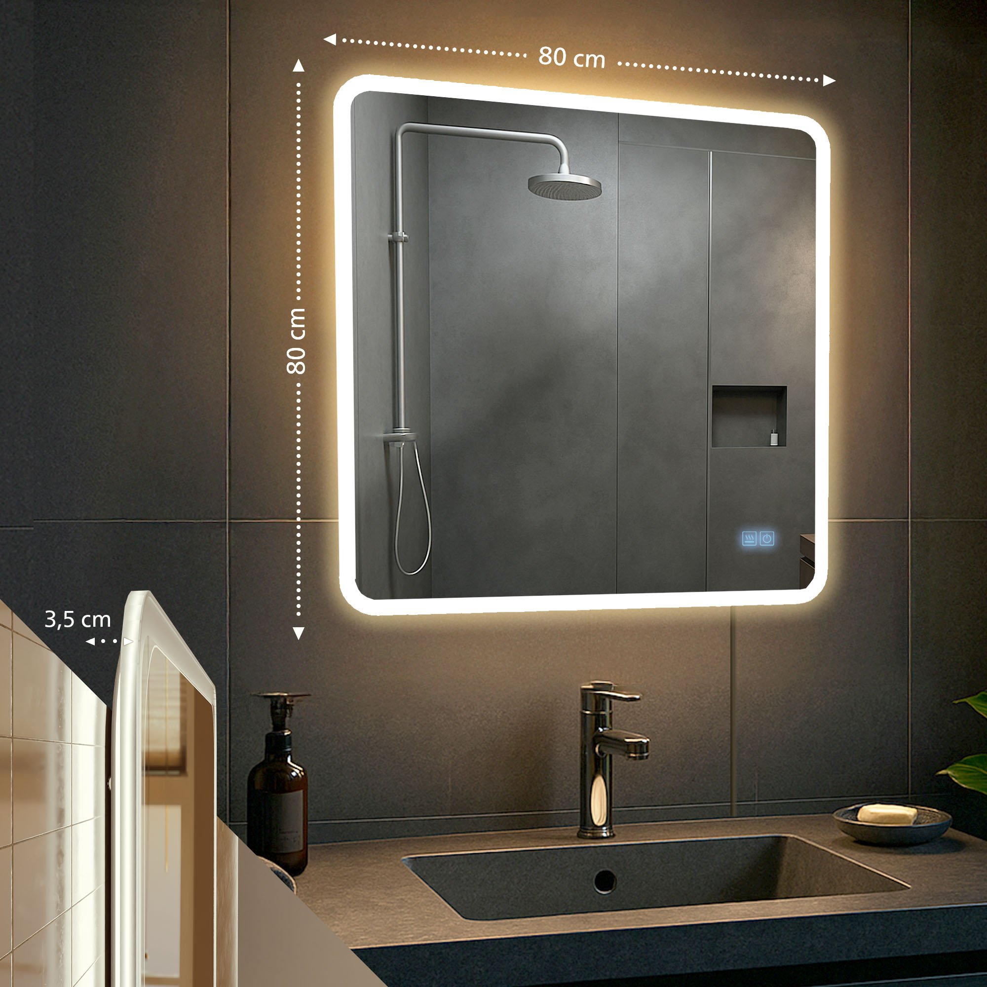 Badspiegel Jericho 80x80 mit Bluetooth, klarglas