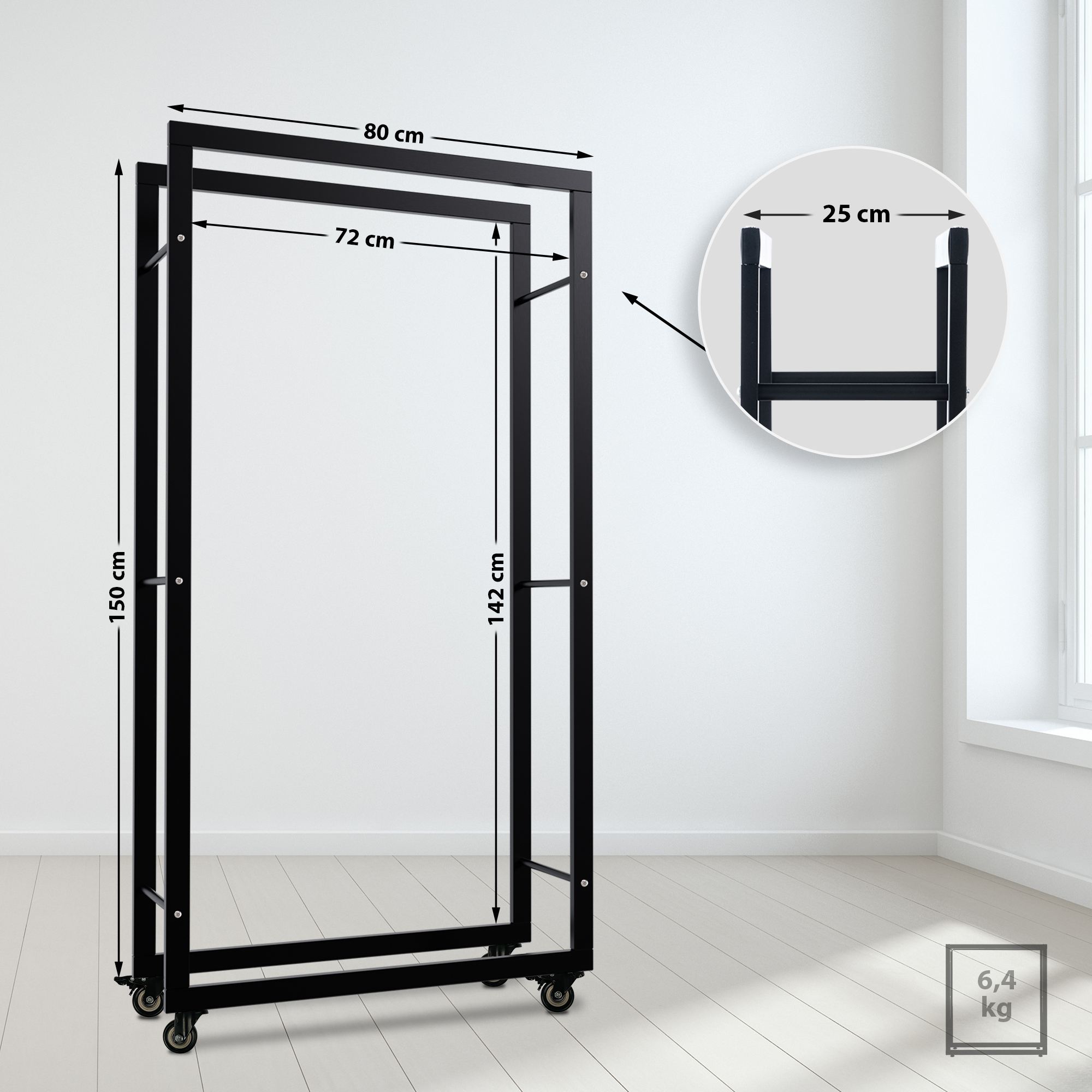 Kaminholzständer Keri mit Rollen 25x80x150, schwarz