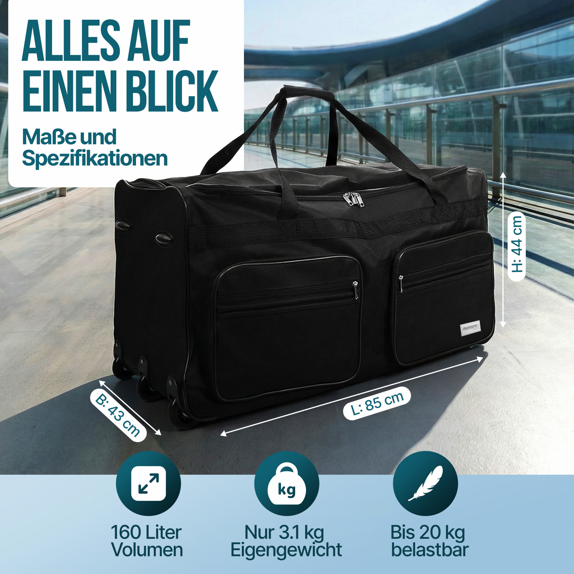 XXL Reisetasche mit Trolleyfunktion 160L schwarz