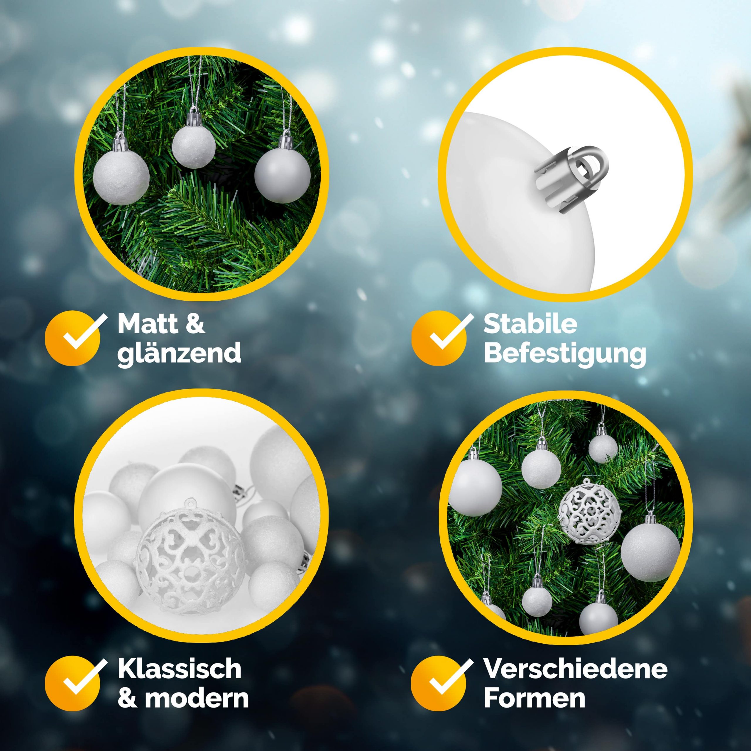 Weihnachtskugeln Weiß 100-tlg in matt, glänzend + glitzernd