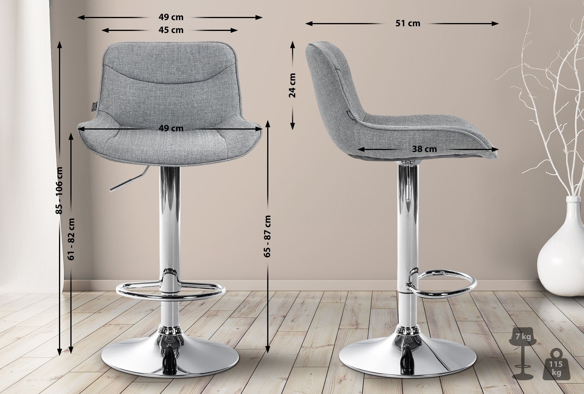 2er Set Barhocker Vonore Stoff chrom, grau