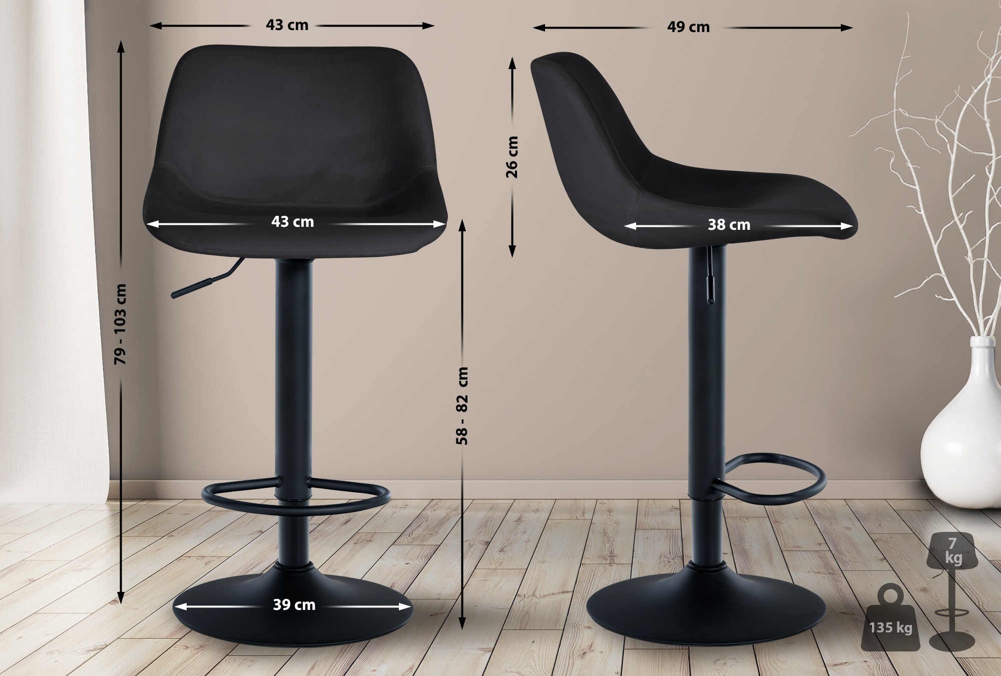 2er Set Barhocker Loft Samt, schwarz