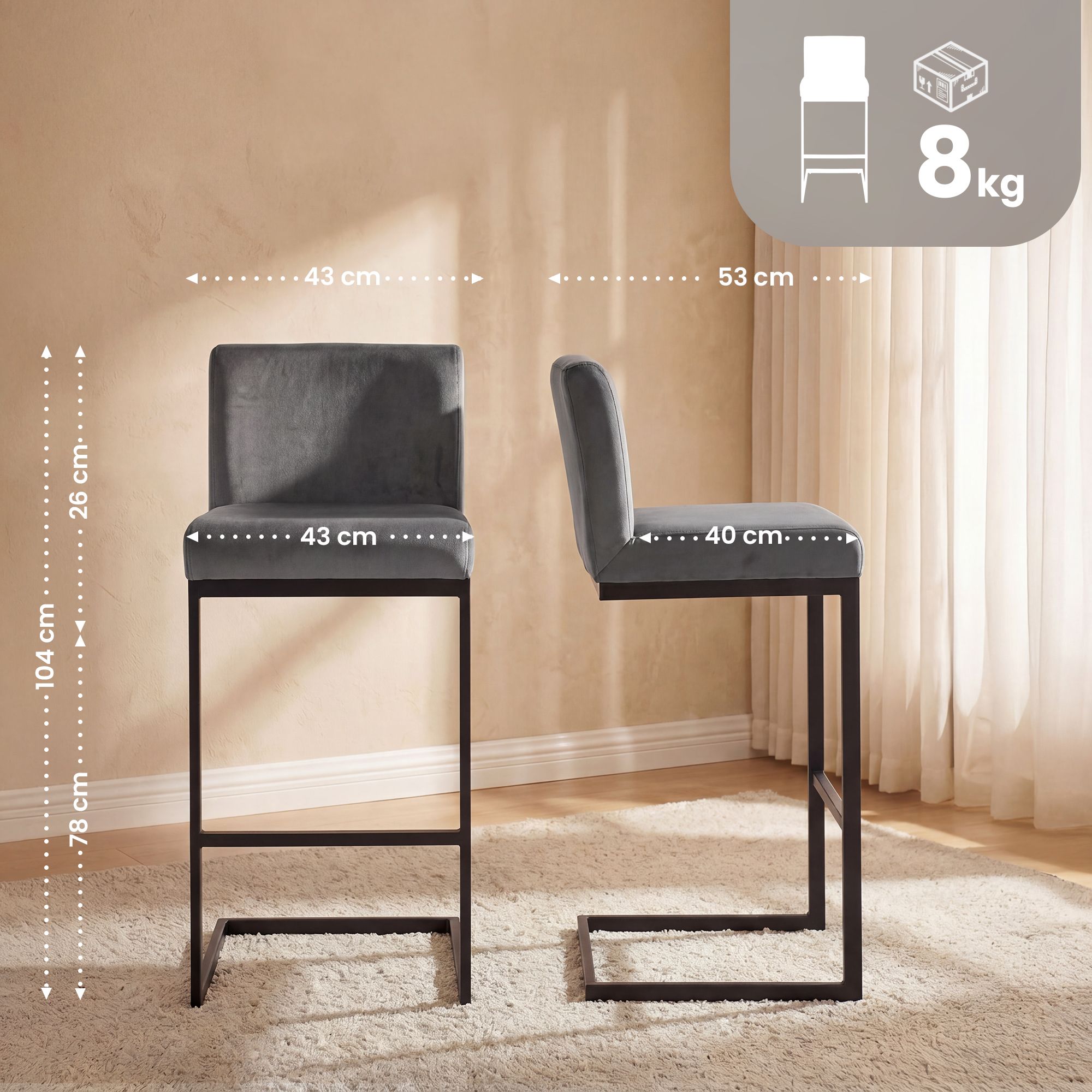2er Set Barhocker Hopewell Samt B, dunkelgrau