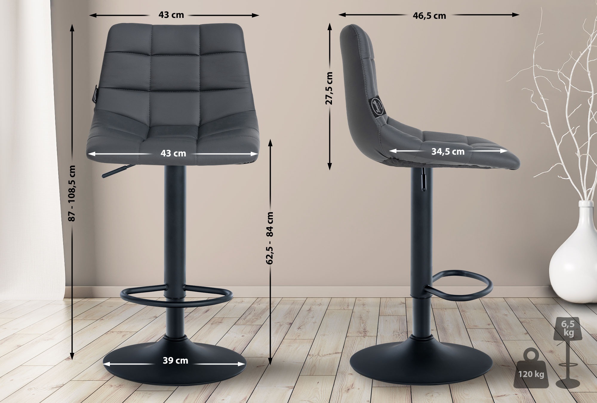 2er Set Barhocker Jerry Kunstleder schwarz, grau