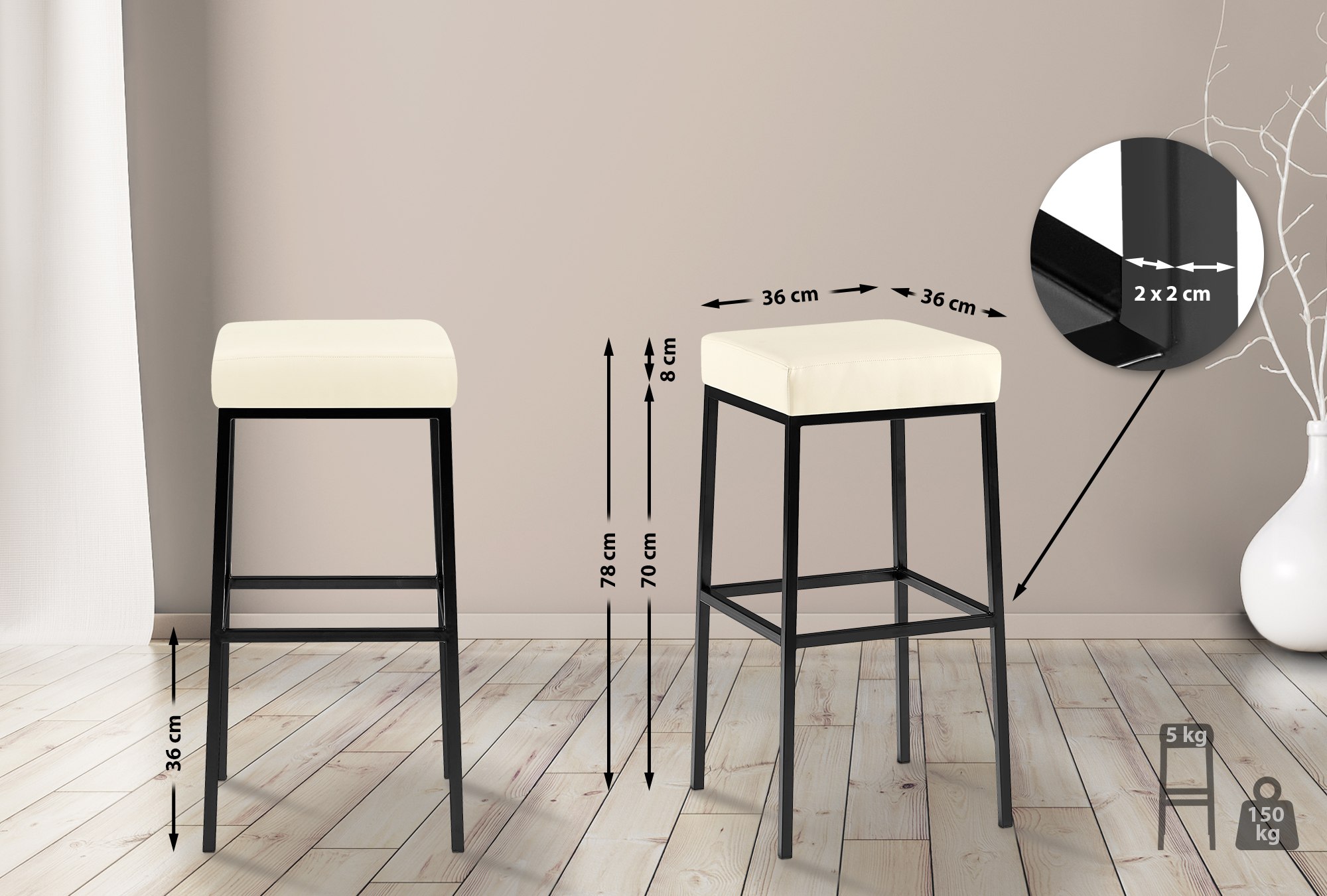 2er Set Barhocker Montreal 80 Kunstleder schwarz, creme