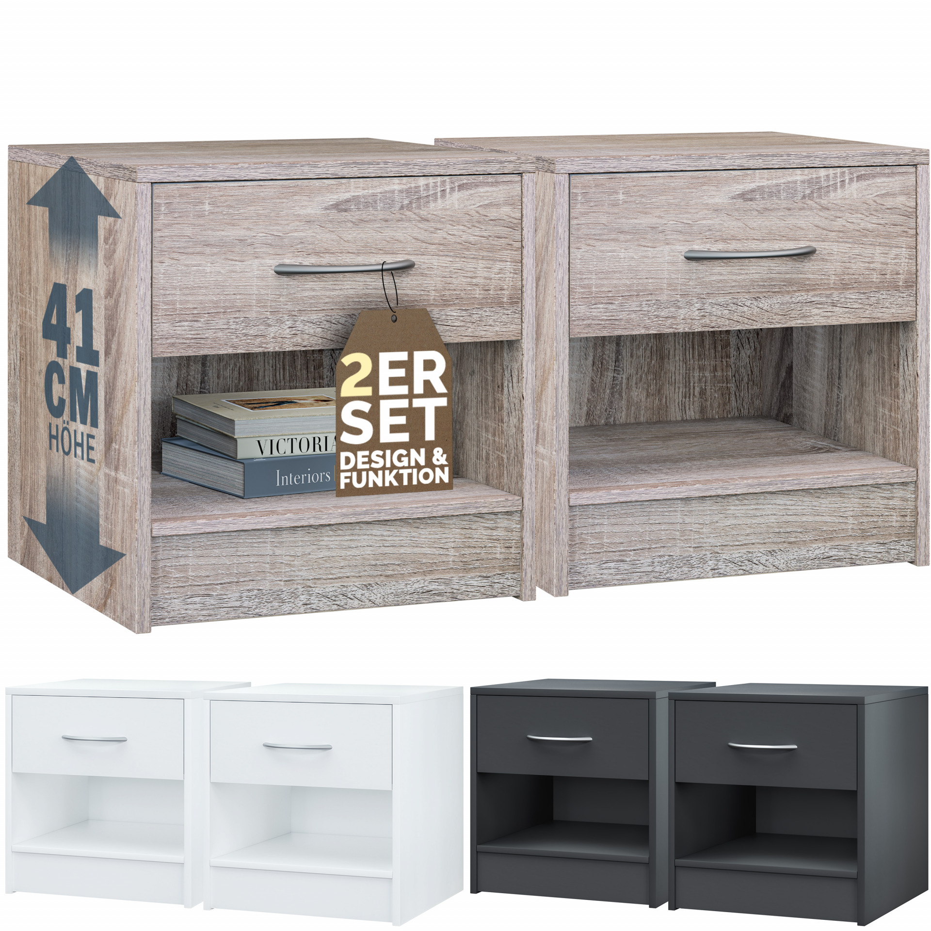Nachttisch Kiel 2er-Set Eiche 41x39x28cm