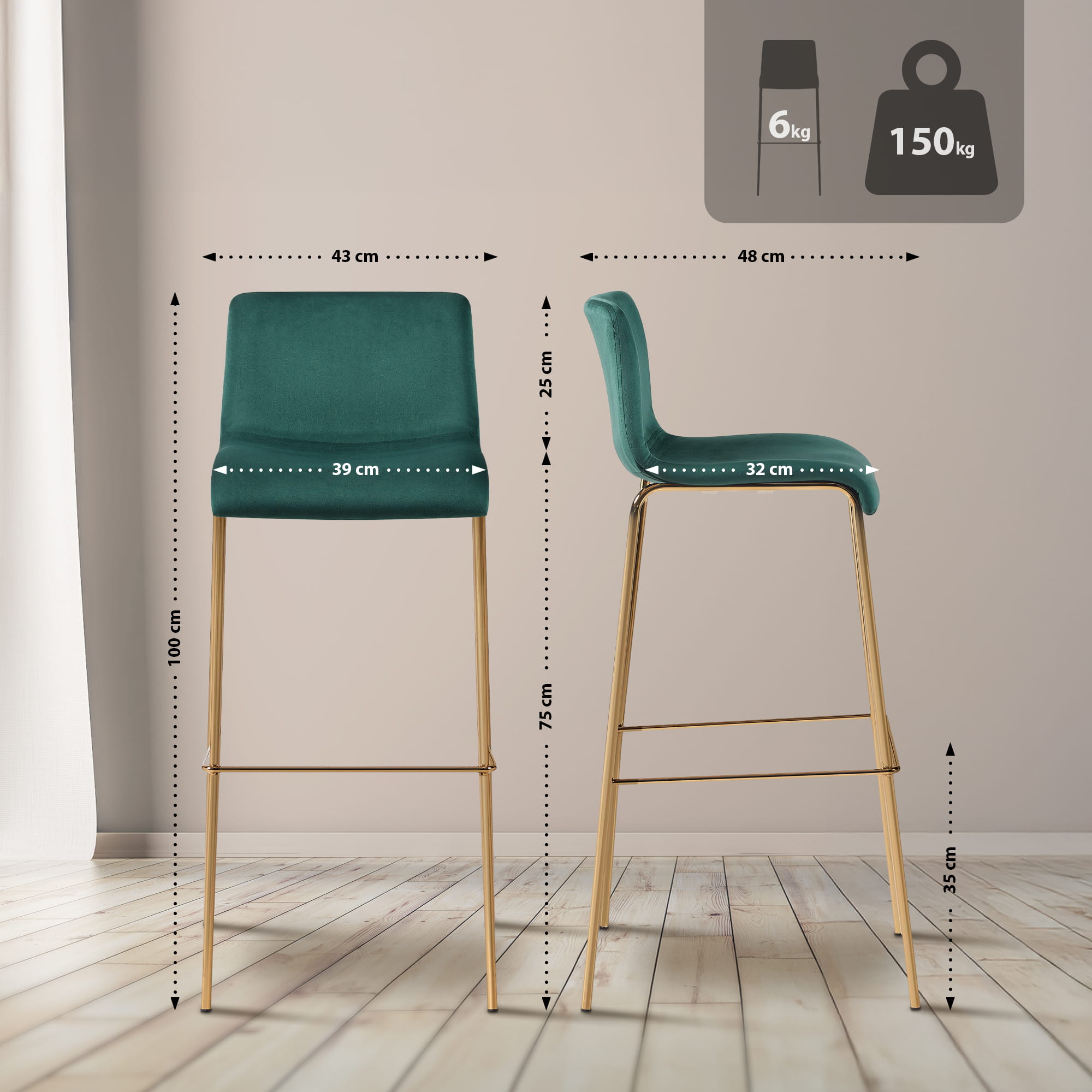 Barhocker Hoover Samt 4-Fuß Gold, grün