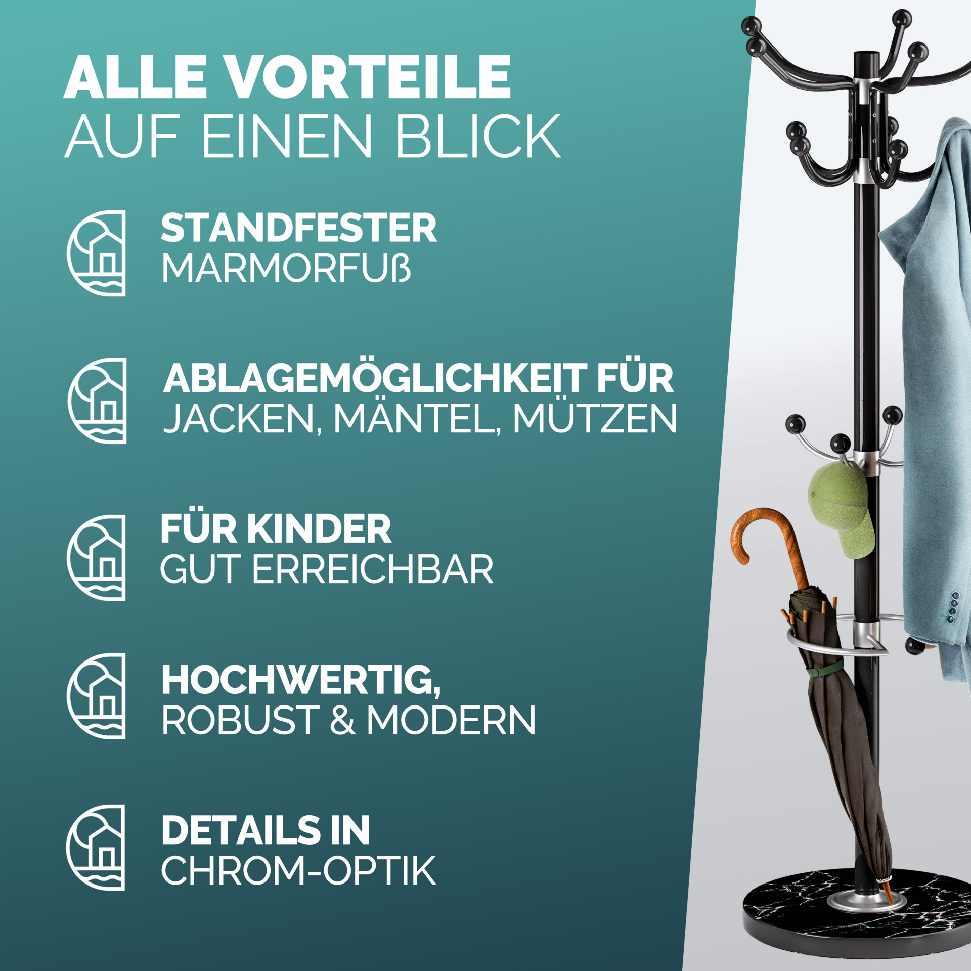 Kleiderständer Schwarz mit Marmorfuß 173cm