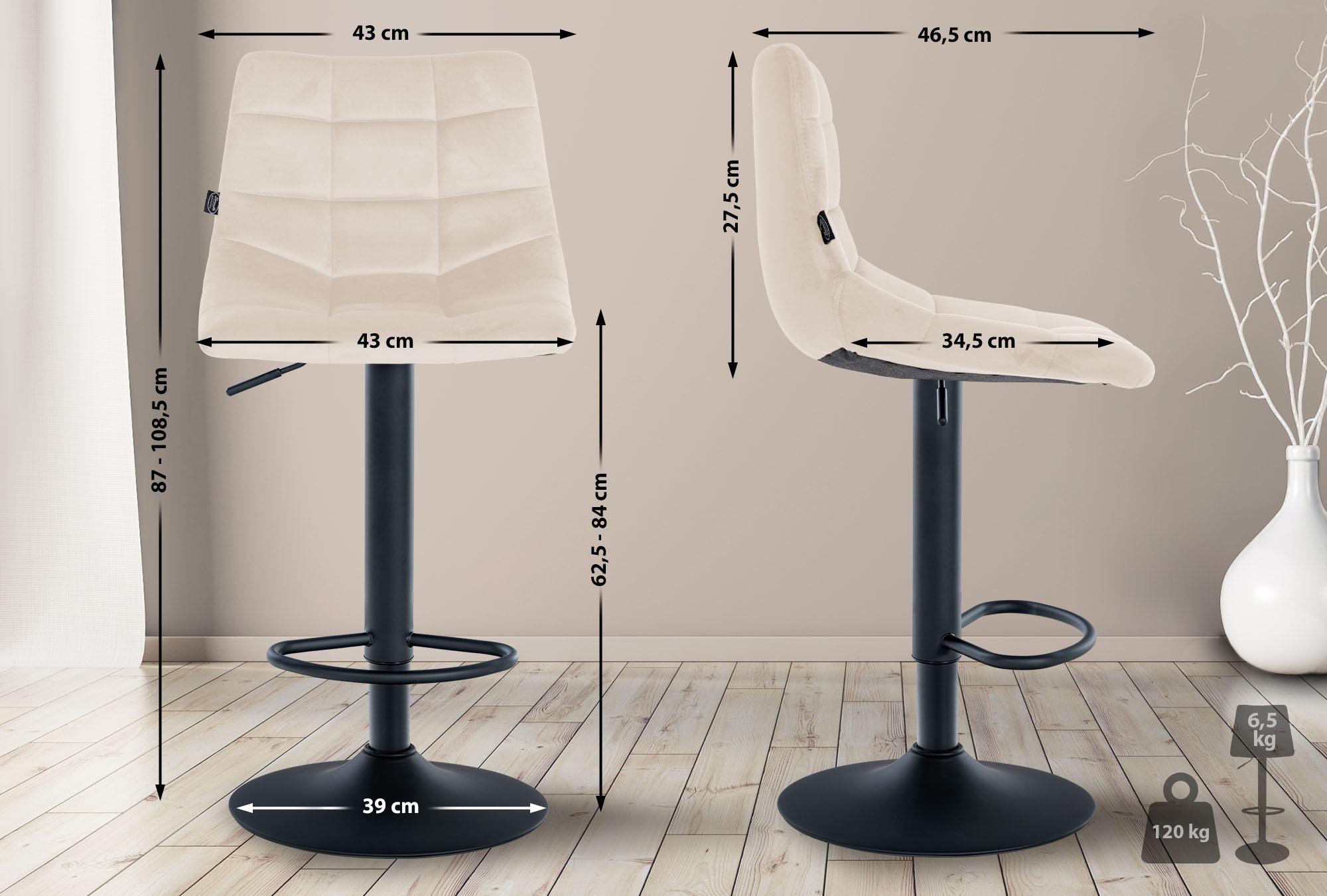 Barhocker Jerry Samt schwarz, creme