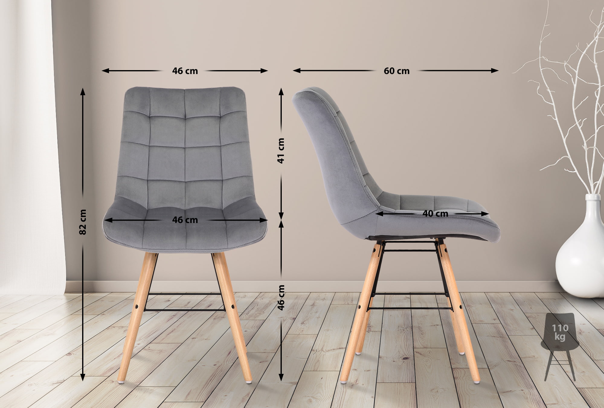 2er Set Stühle Leni Samt, grau