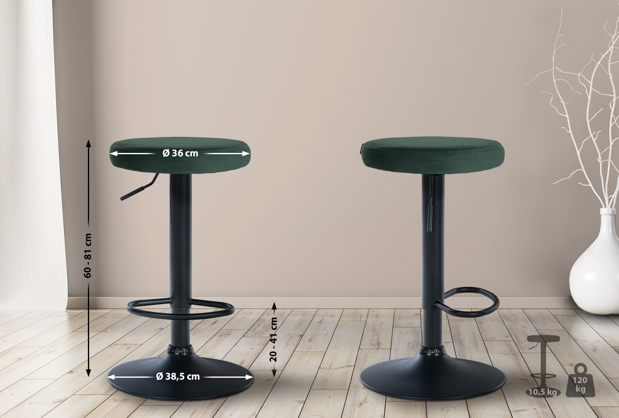 2er Set Barhocker Ponte Samt schwarz, grün