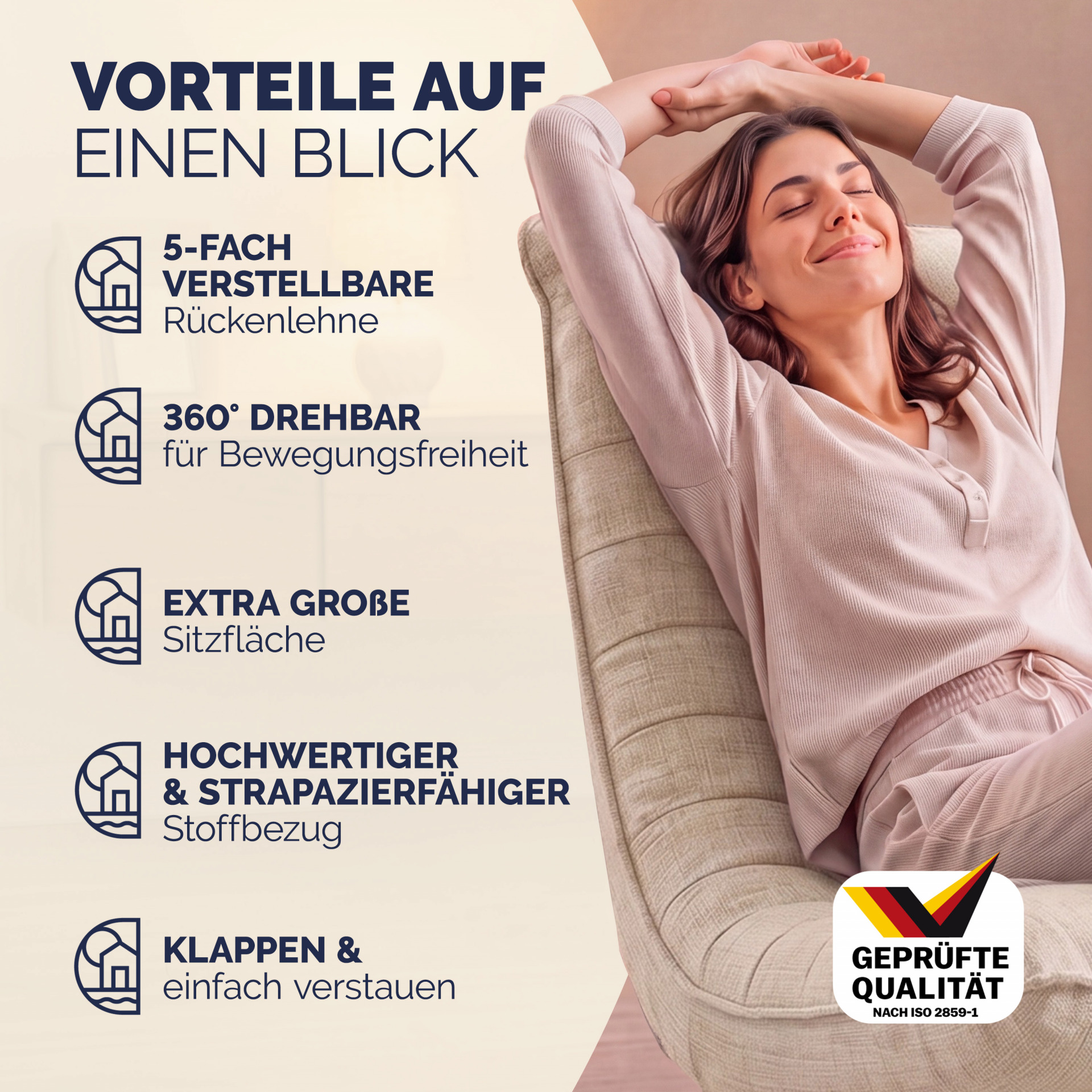 Sessel Aberdeen Creme Stoff 5fach verstellbar 360 Grad drehbar klappbar