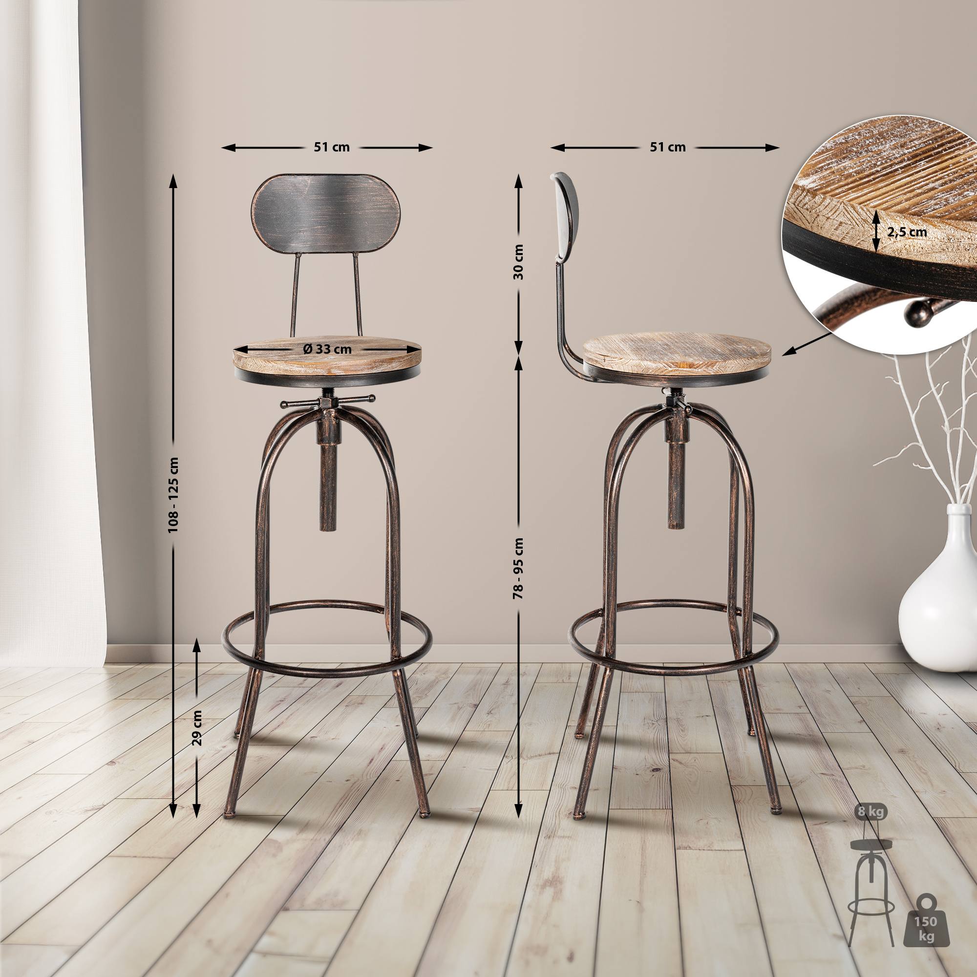 2er Set Barhocker Pino, Holz, bronze
