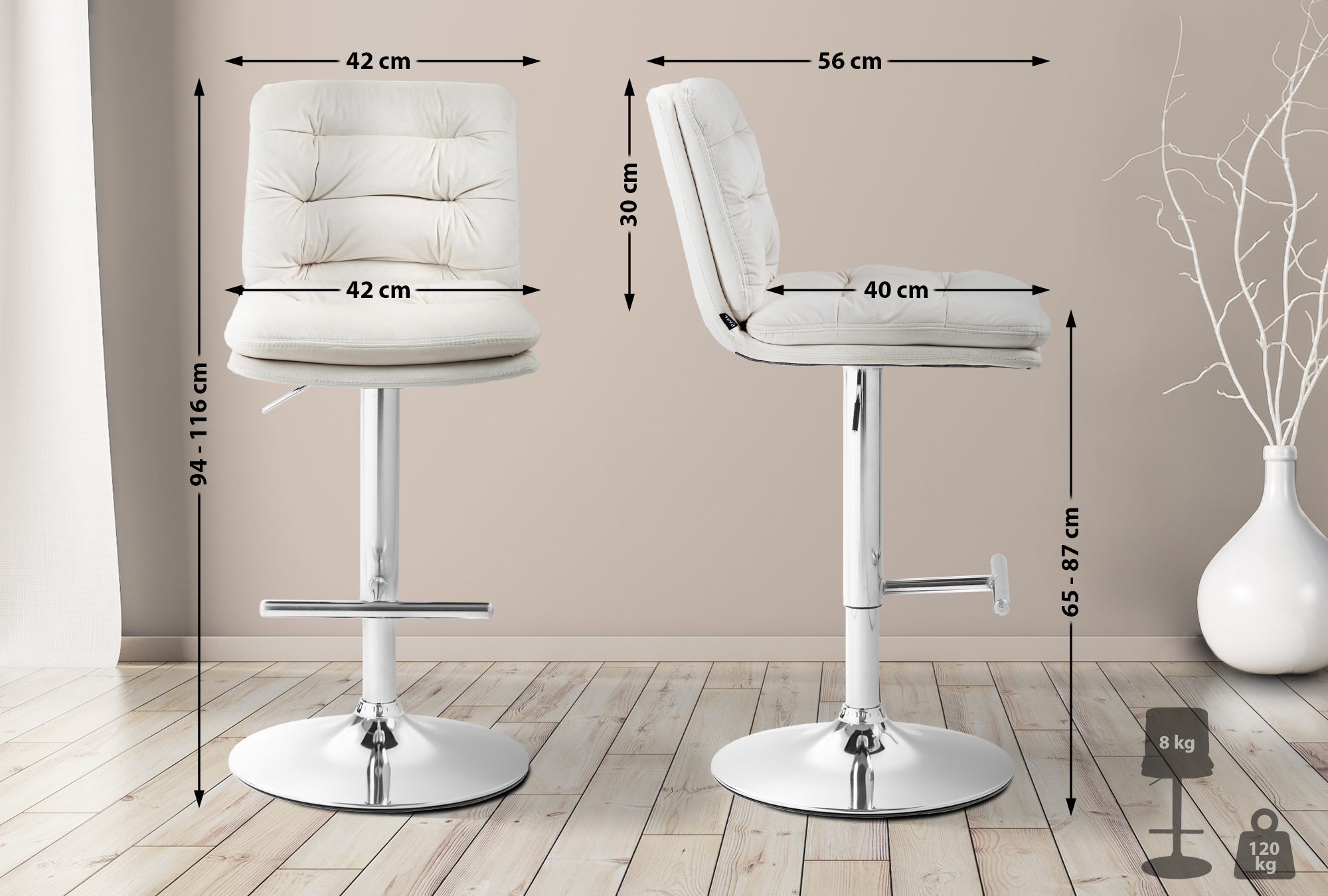 2er Set Barhocker Damar Samt chrom, creme