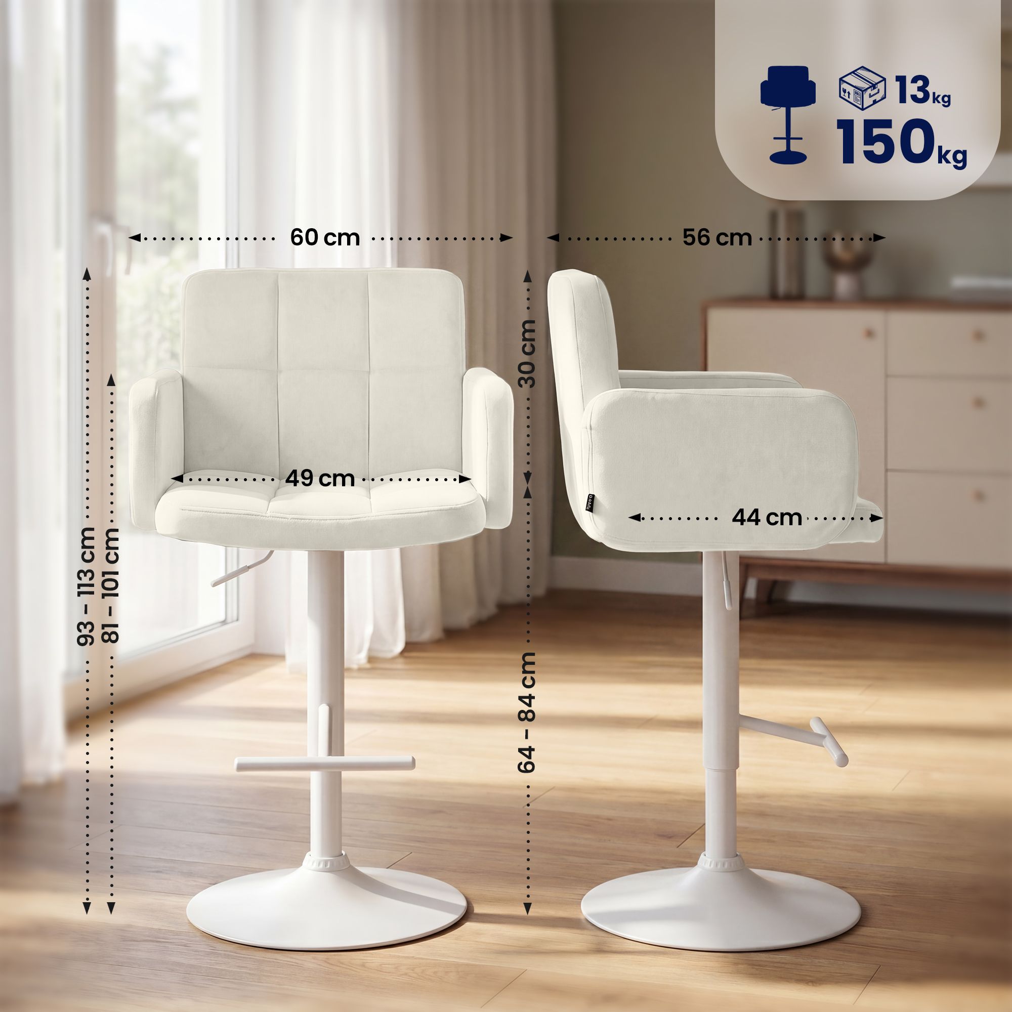 2er Set Barhocker Los Angeles Samt weiß, creme