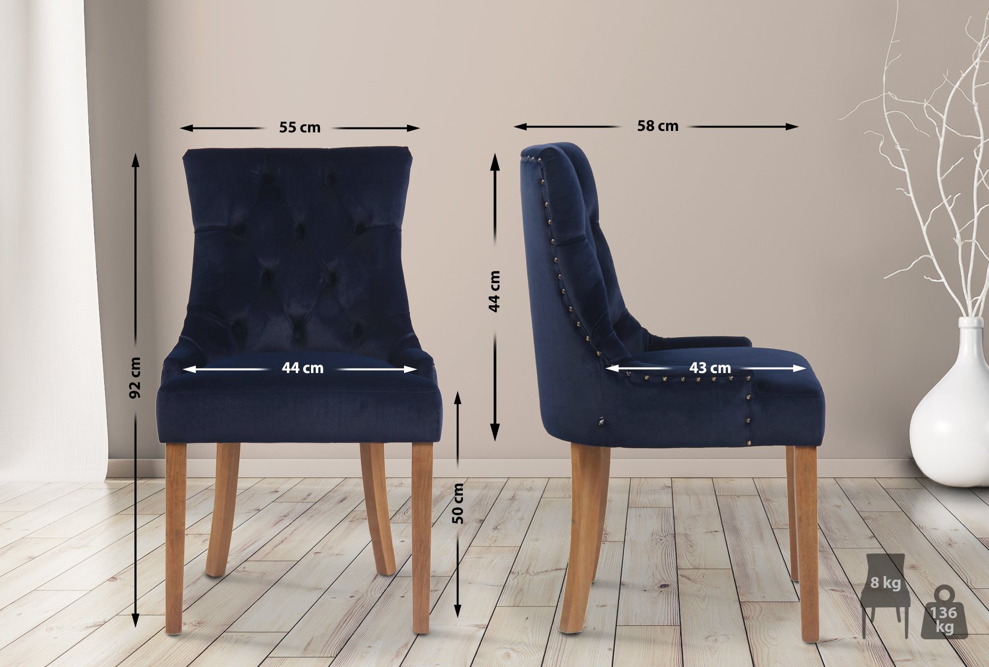 4er Set Esszimmerstühle Aberdeen Samt antik-hell, blau
