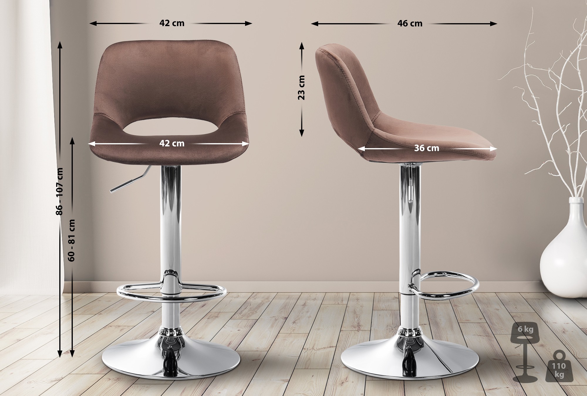 2er Set Barhocker Camden Samt chrom, braun
