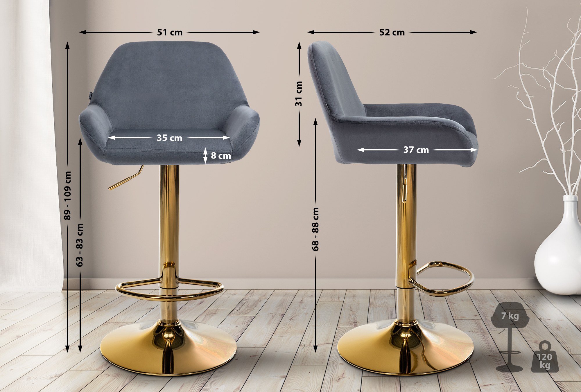 2er Set Barhocker Braga Gold Samt, dunkelgrau