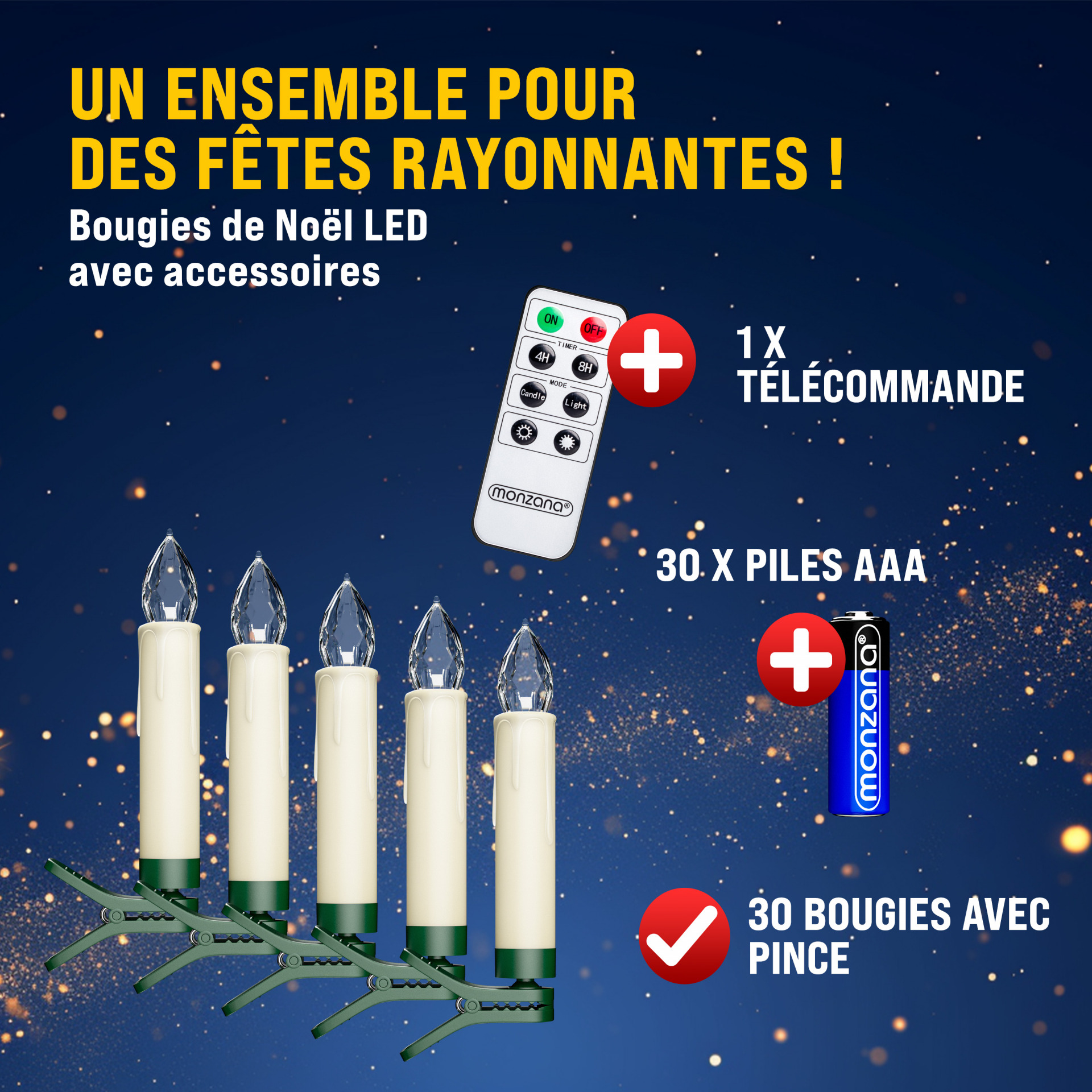Kabellose Weihnachtsbaumkerzen LED 30er-Set Warmweiß mit Batterien + Fernbedienung