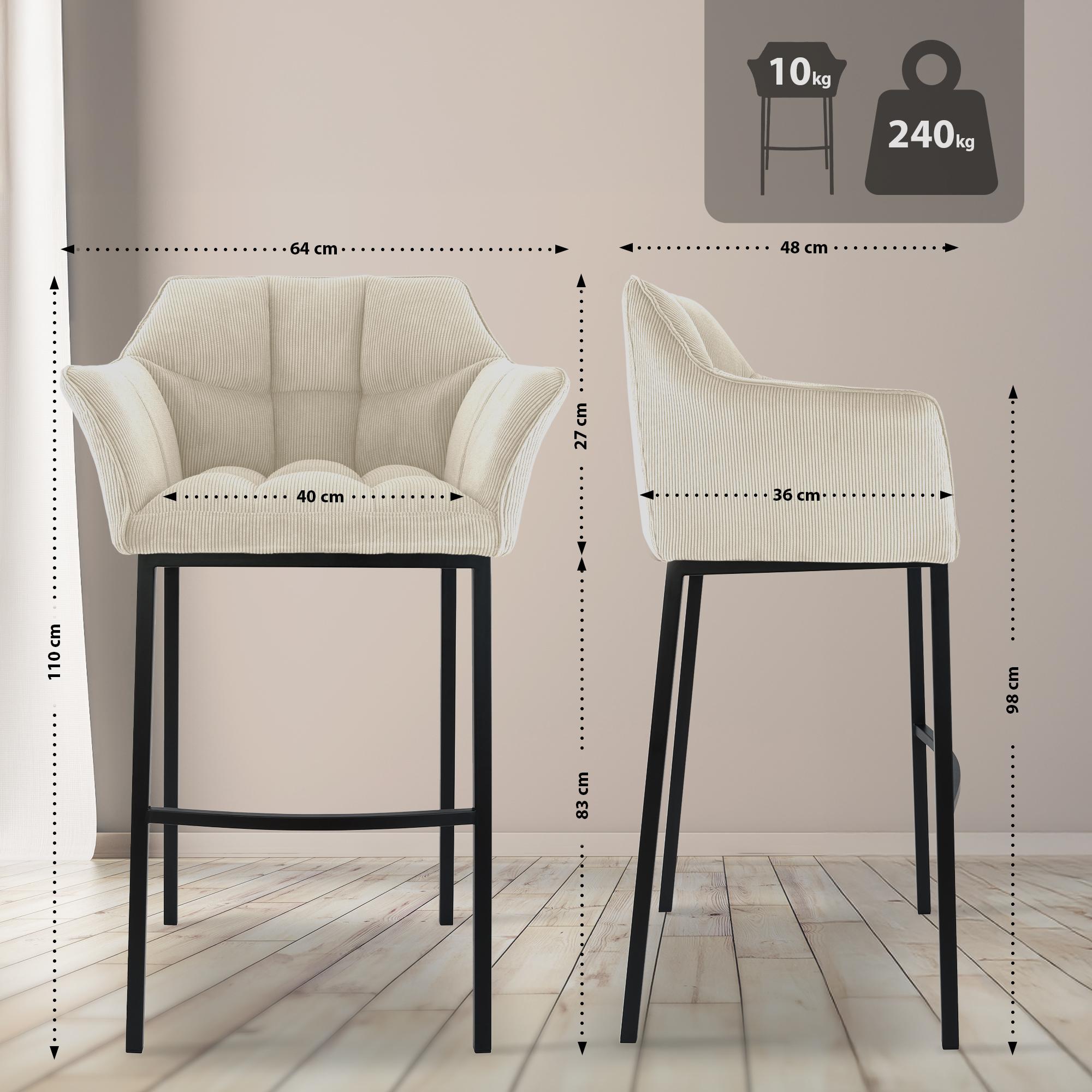 Barhocker Damaso B Cord mit 4-Fuß Gestell, creme