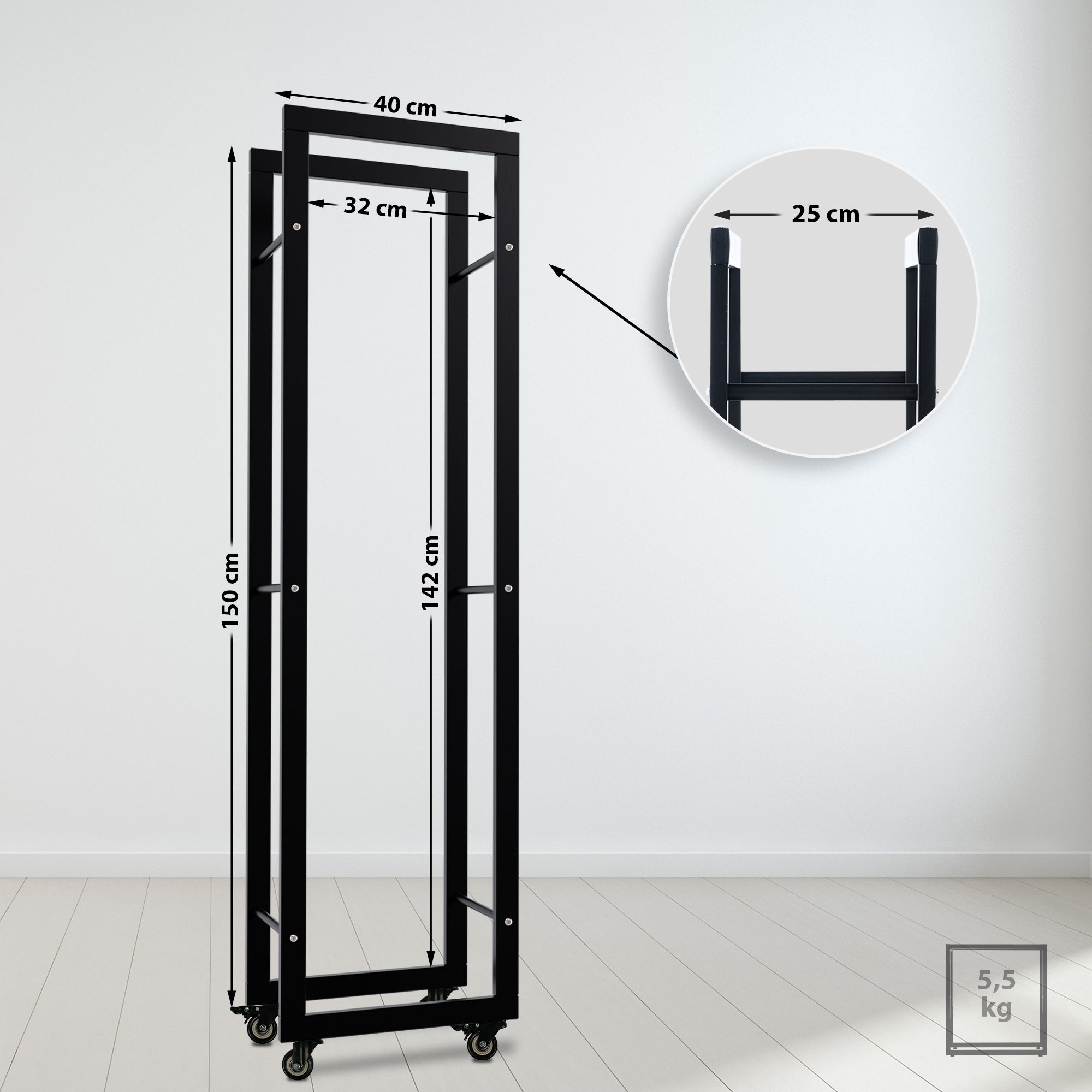 Kaminholzständer Keri mit Rollen 25x40x150, schwarz
