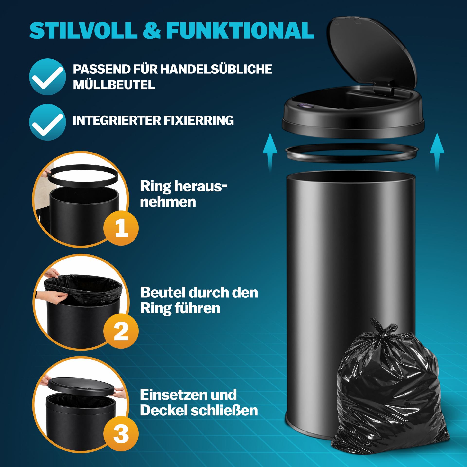 Sensor Mülleimer Schwarz Edelstahl 30L