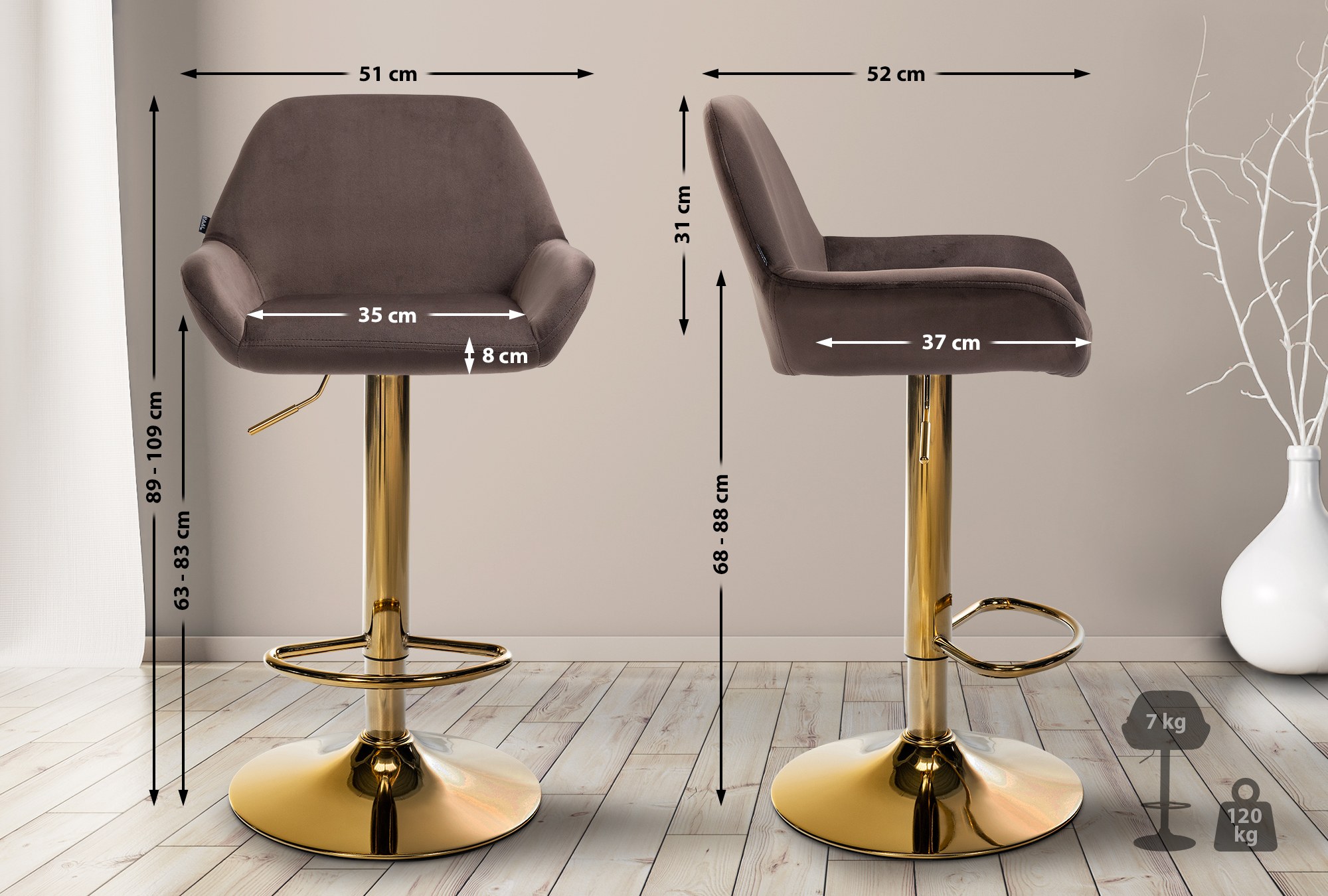 Barhocker Braga Gold Samt, braun