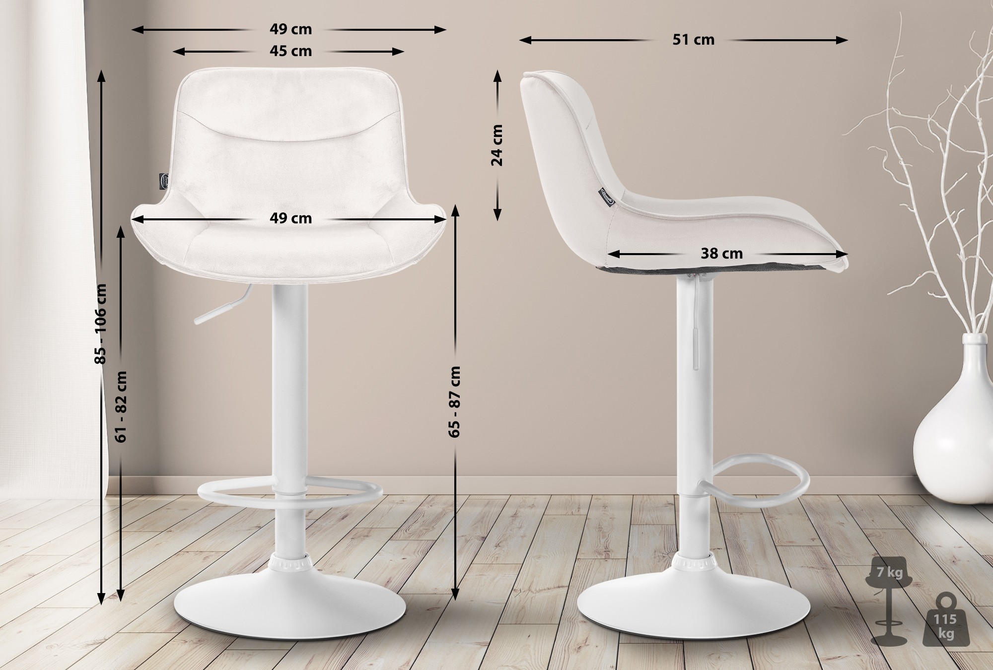2er Set Barhocker Vonore Samt weiß, creme