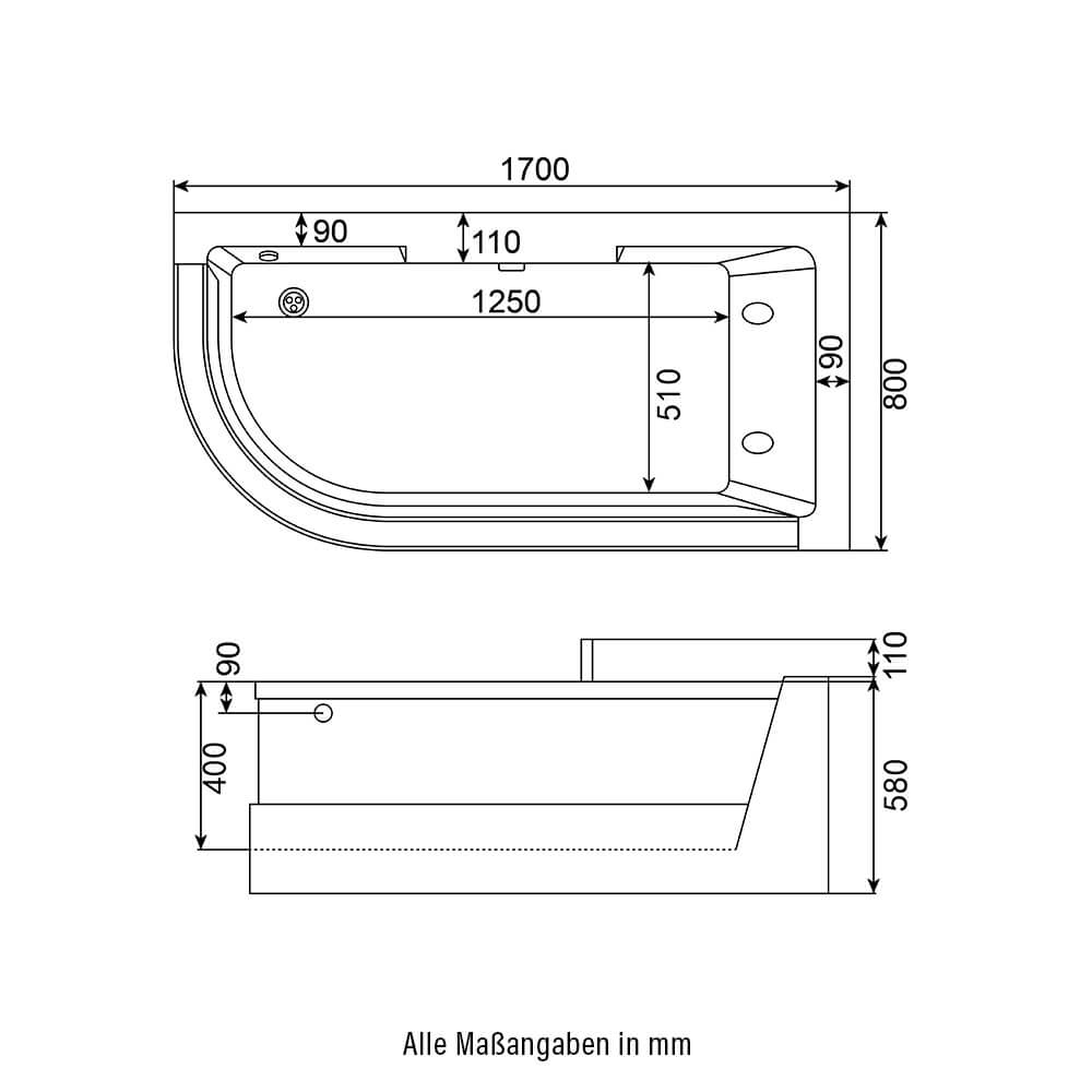 Whirlpool Badewanne mit Lichttherapie CARICA - 170 x 80 cm Links